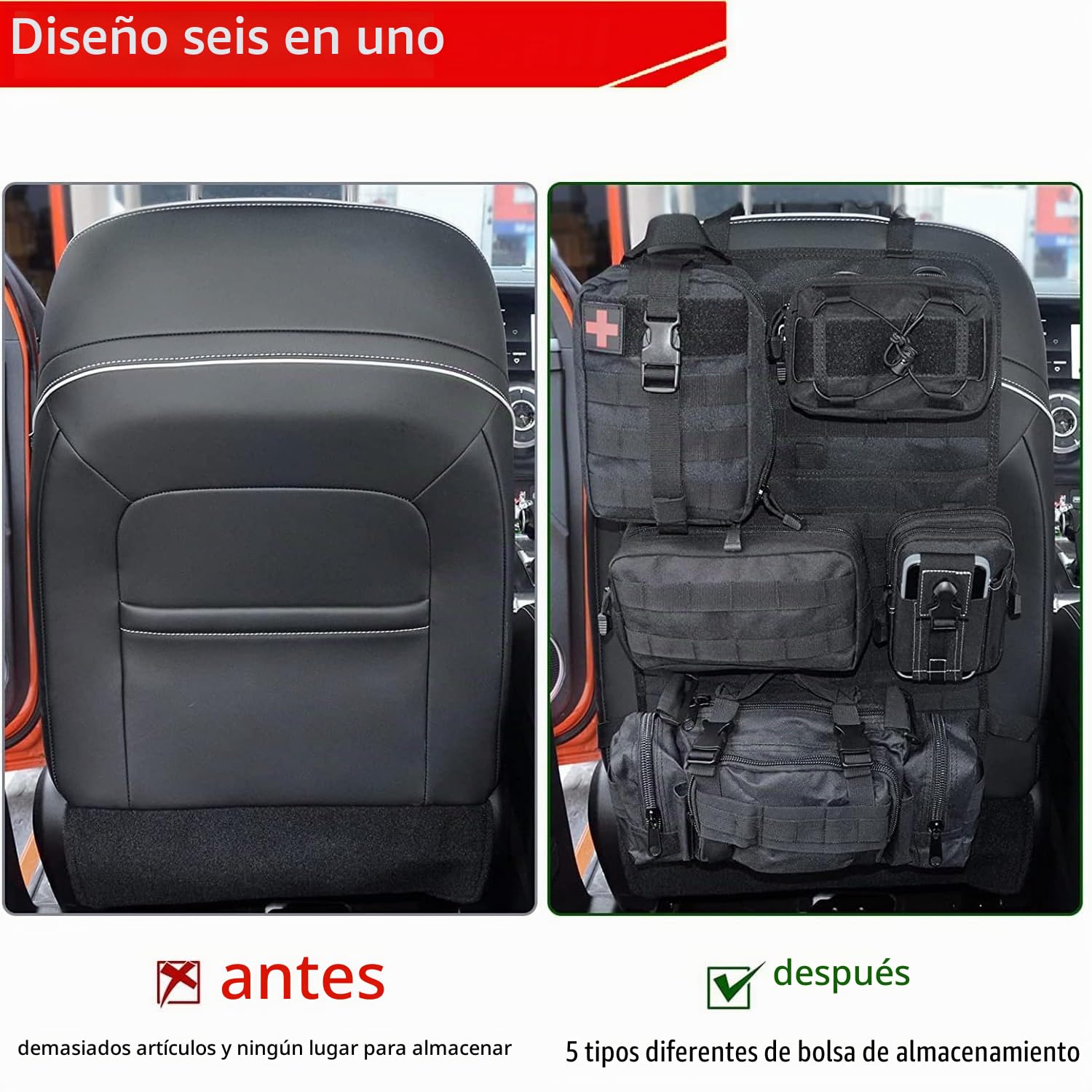Organizador Trasero Universal para Coche - Bolsa Colgante de 6 Piezas, Multifuncional, Resistente, para Asiento Trasero