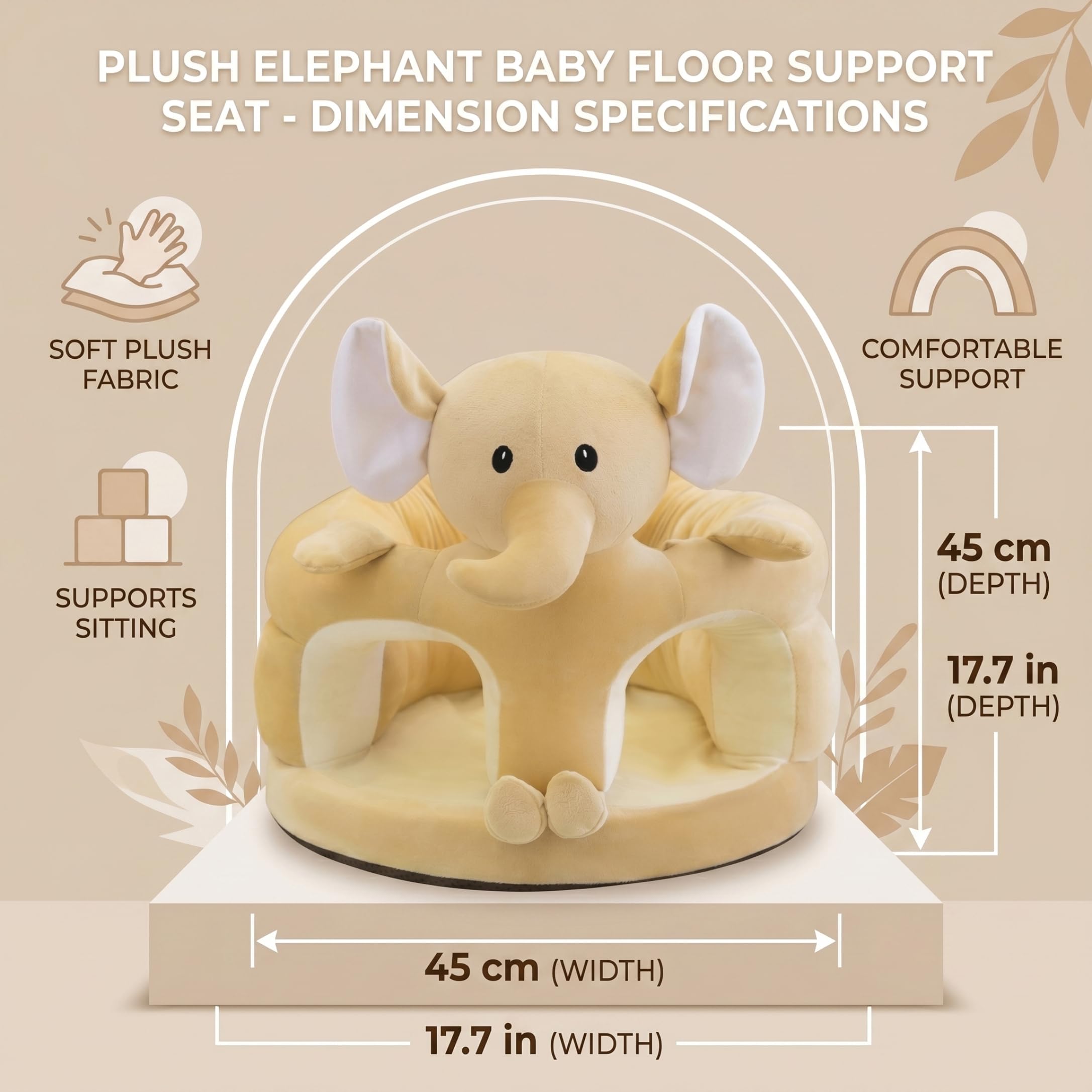 Seggiolino da pavimento per bambini in peluche con elefante carino da 17, 7x17, 7 pollici, morbido per sedersi con supporto stabile