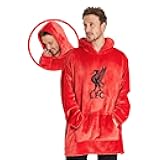 Liverpool F.C. Oversized Hoodie Blanket, Polyester and Sherpa Fleece-Lined Blanket Hoodie, Red Hoodie Blanket with Black Liverpool Team Logo, Oversized Blanket Hoodie for Men