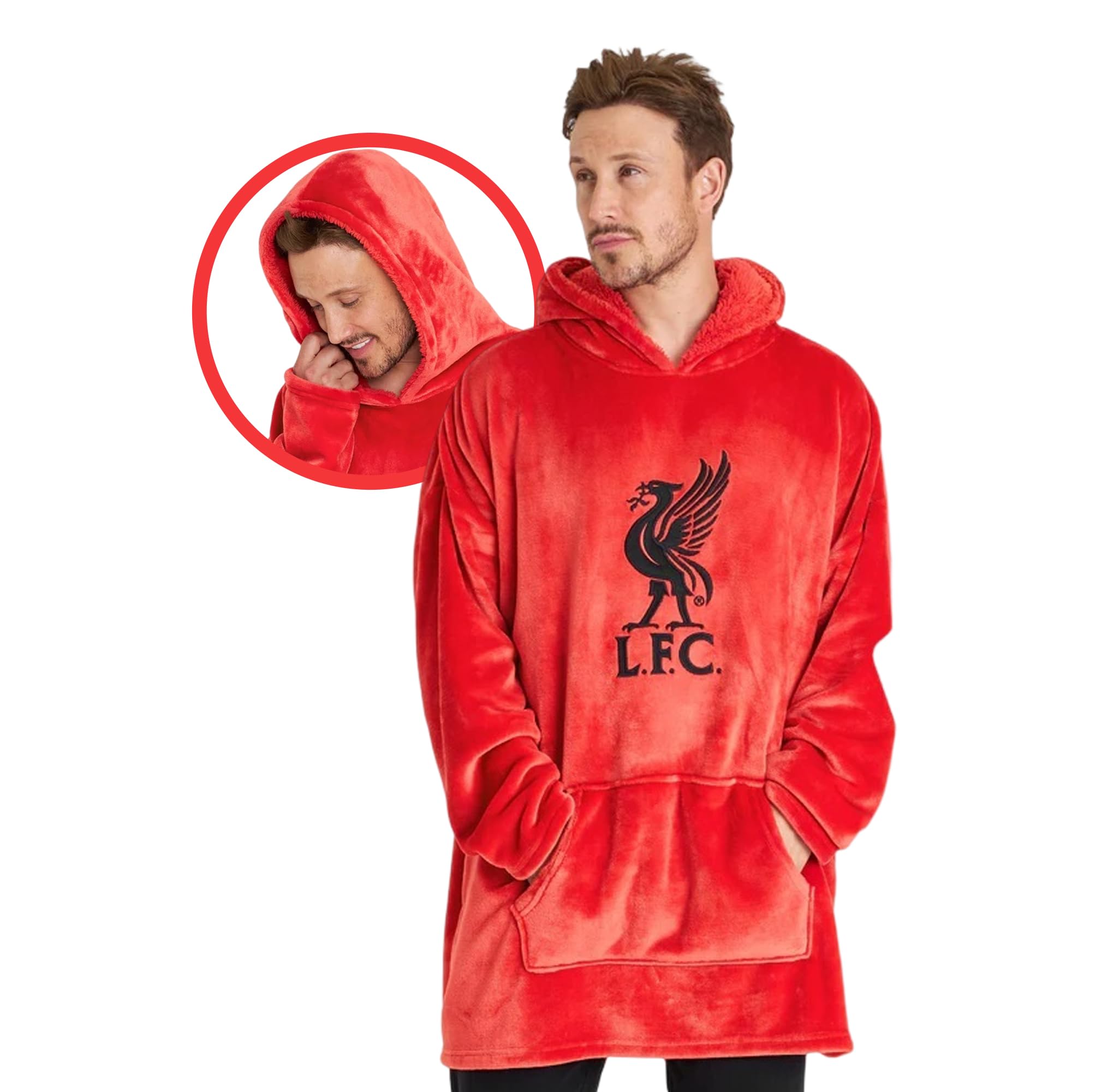 Liverpool F.C. Oversized Hoodie Blanket, Polyester and Sherpa Fleece-Lined Blanket Hoodie, Red Hoodie Blanket with Black Liverpool Team Logo, Oversized Blanket Hoodie for Men