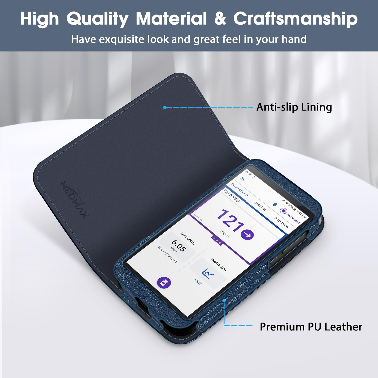 MEDMAX PU Leather Protective Case for Omnipod 5, Lightweight Protective Diabetic Storage Carrying Case for Omnipod 5 Device (Navy) - Image 3
