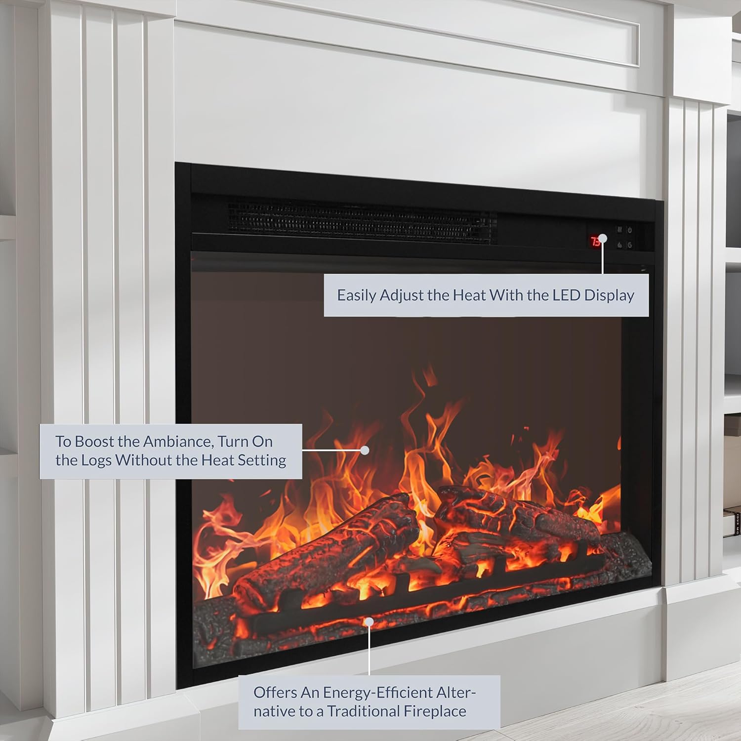 BELLEZE Modern 66" Mantel with Electric Fireplace Heater with Sound,Modern TV Stand for TVs up to 75", Media Entertainment Center with Side Shelves - Lenore (White)