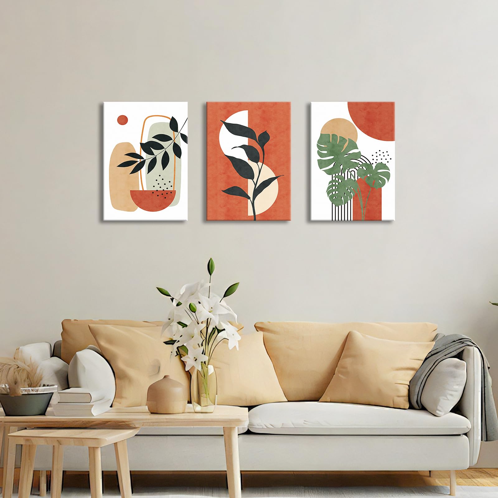 3Pcs Wooden Framed Boho Canvas Wall Art Orange Abstract Leaves And Sun Painting Canvas Prints Nordic Minimalist Geometric Picture for Living Room Bedroom Hallway Home Wall Decor 120x60cm(16"x24"x3pcs) - Image 3