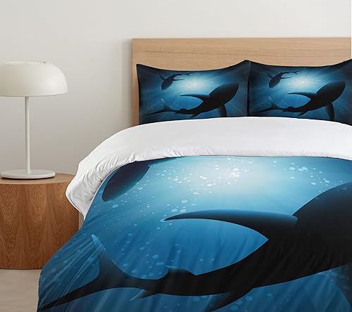 Miniatura 5 de Ambesonne Juego de funda de edredón con diseño de tiburón, silueta de los peces nadando en la noche del crepúsculo, luna, paisaje de mar místico,