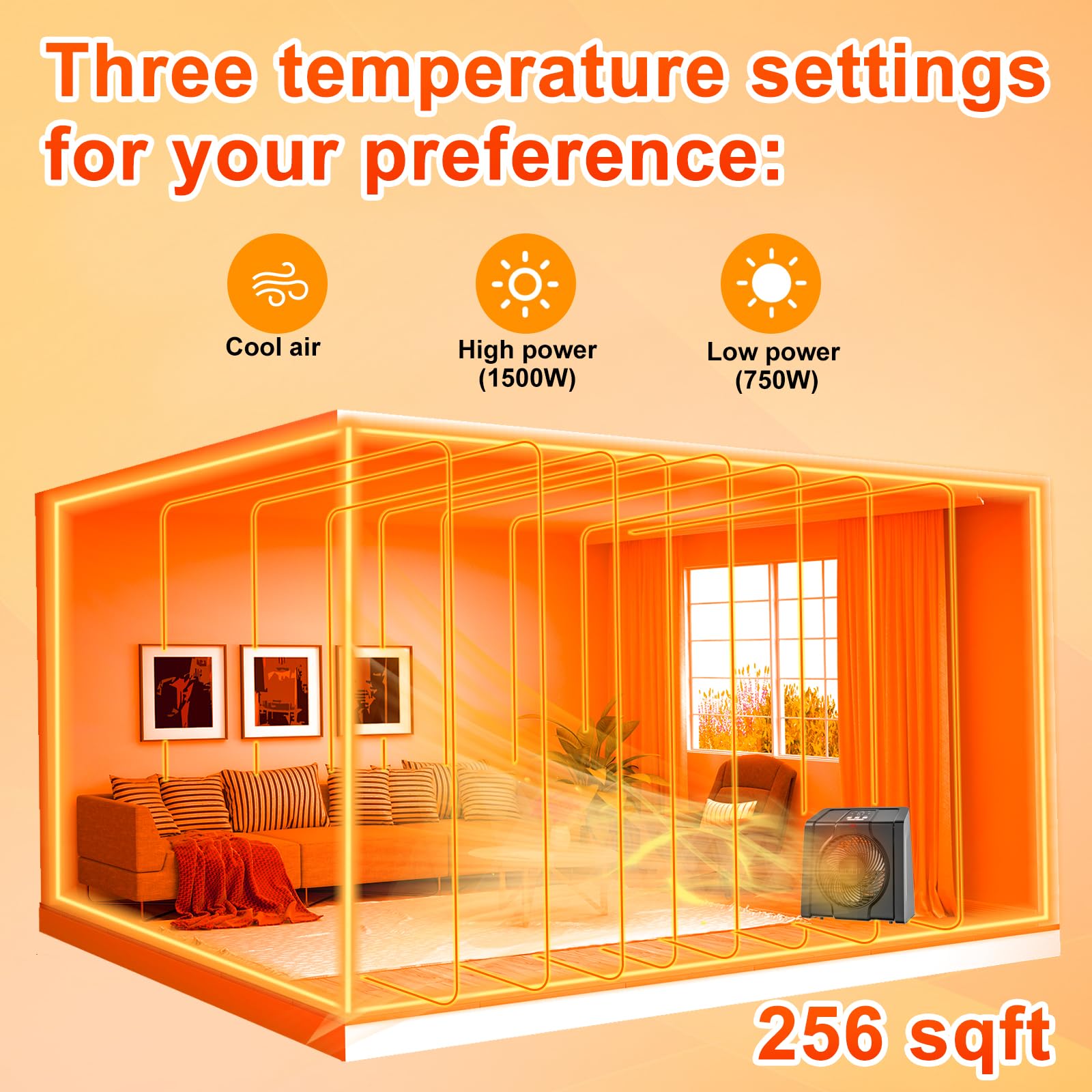 Calentador de espacio para interiores, pantalla digital con termostato, temporizador de 1-12 horas, modo de ventilador, 1500 W/750 W, calentador eléctrico para oficina, dormitorio, negro, 10.6 3