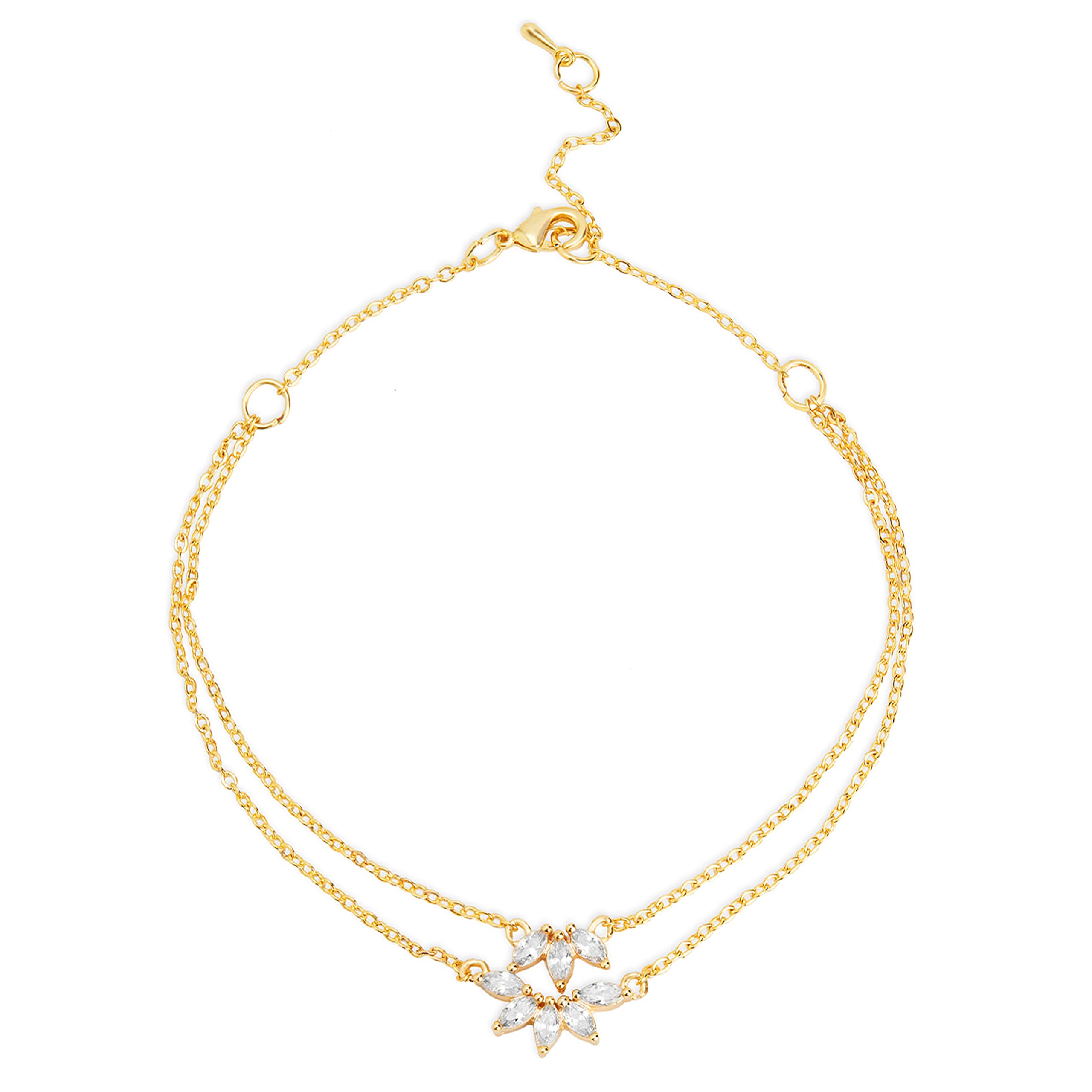 minutiae Flower Shape Layered Anklet With Solitaire Crystal Diamonds Painjan Payal Foot Chain Jewellery For Women and Girls-picture-7