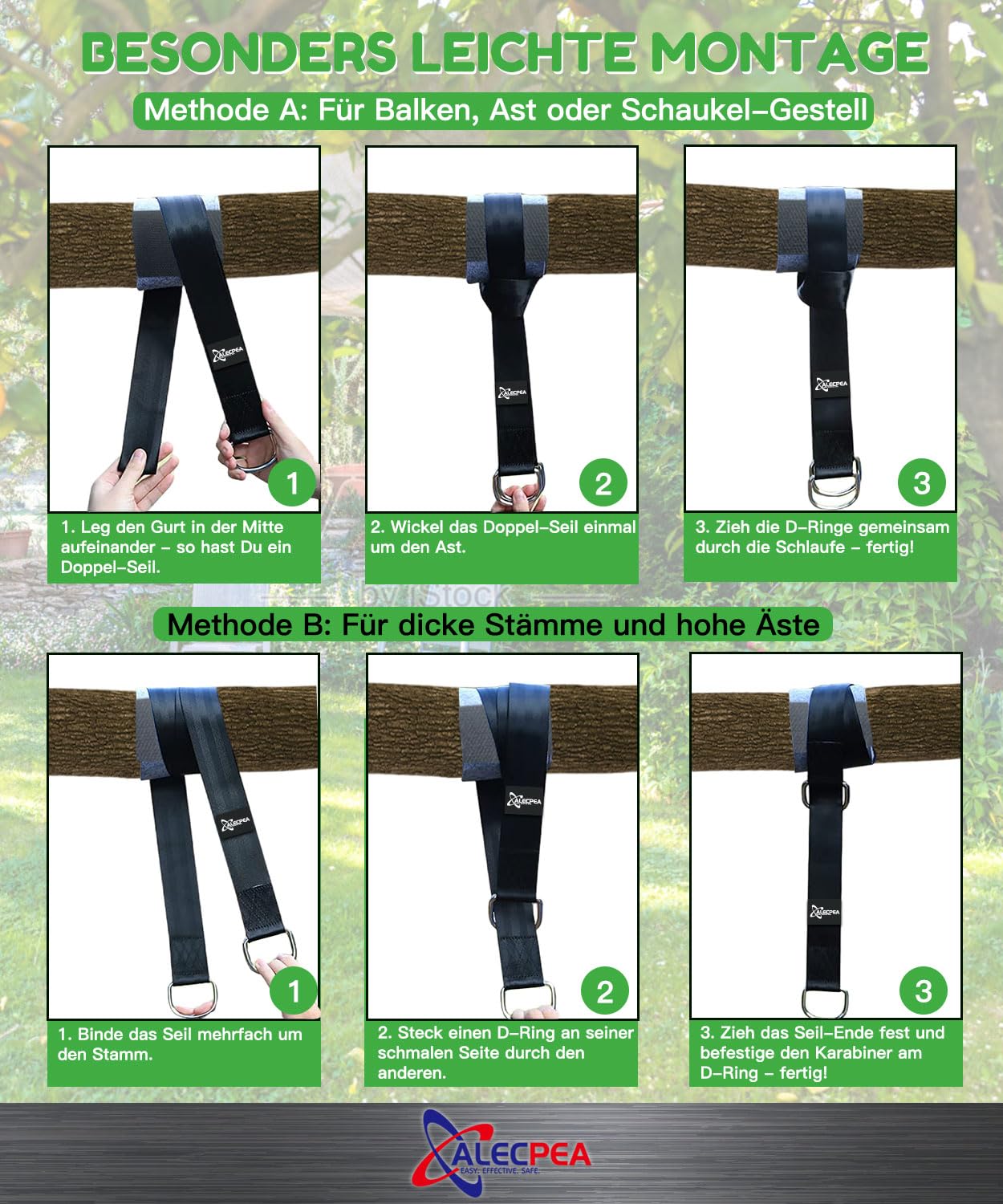 ALECPEA 900KG Schaukel- und Hängematte-Befestigungssatz - All-Inclusive 2er-Set | 150cm x 5cm Hängemattengurte | Inklusive Karabinern, D-Ringen, Aufbewahrungstasche und Baumschutzpolstern - 5