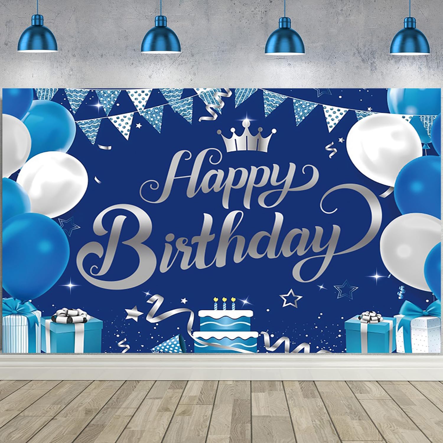 3 x 2,4 m blauer Hintergrund "Happy Birthday" mit blauen Glitzern, silbernen Punkten, Luftballons, Geburtstag, Fotografie, Hintergrund, Jungen, Männer, Geburtstagsparty, Banner, Dekorationen