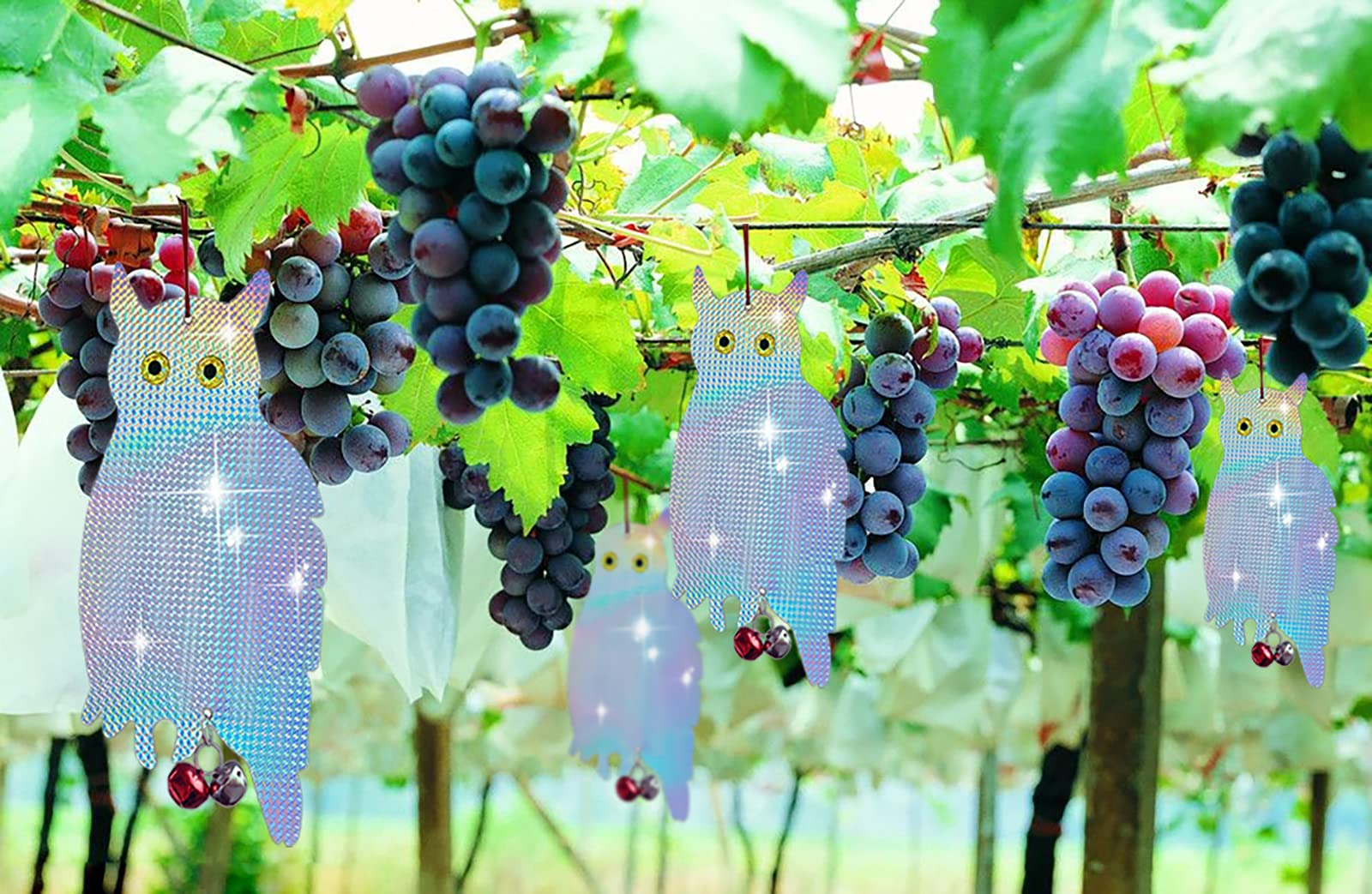Annhao Set di 4 Gufo Spaventapasseri Riflettenti, Dissuasore per Uccelli Allontanare i Piccioni con Campanella Decorativa, Repellente per Uccelli Gufo Riflettente per Proteggere Balcone Orto Piante