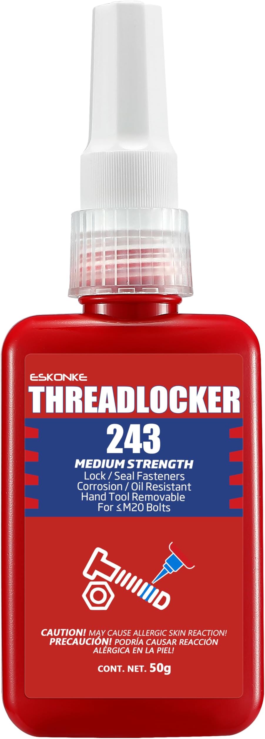 ESKONKE Thread Locker Blue 243 - Removable Threadlocker Metal Glue for Nuts, Bolts, Fasteners Medium Strength Screw Compound to Prevent Loosening & Corrosion 1.69 Oz/50 ml