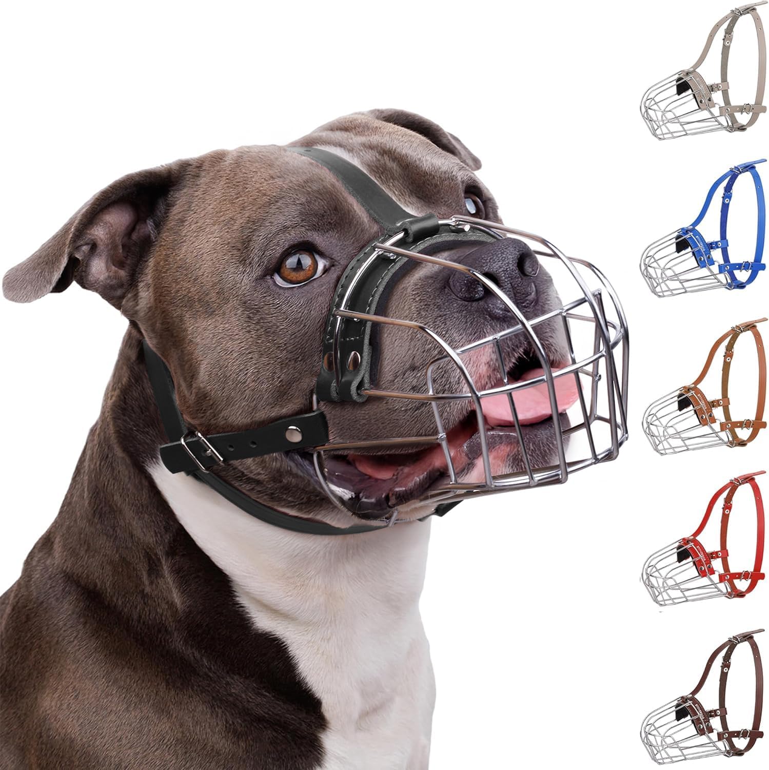 BronzeDog Pitbull Dog Muzzle Wire Basket AmStuff Pit Bull Adjustable Leather Straps (M)