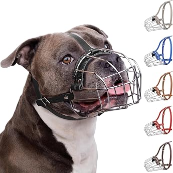 BronzeDog Muzzle for Metal Dogs   Amstaff Wire Basket with Adjustable Leather Strap for Large Dogs
