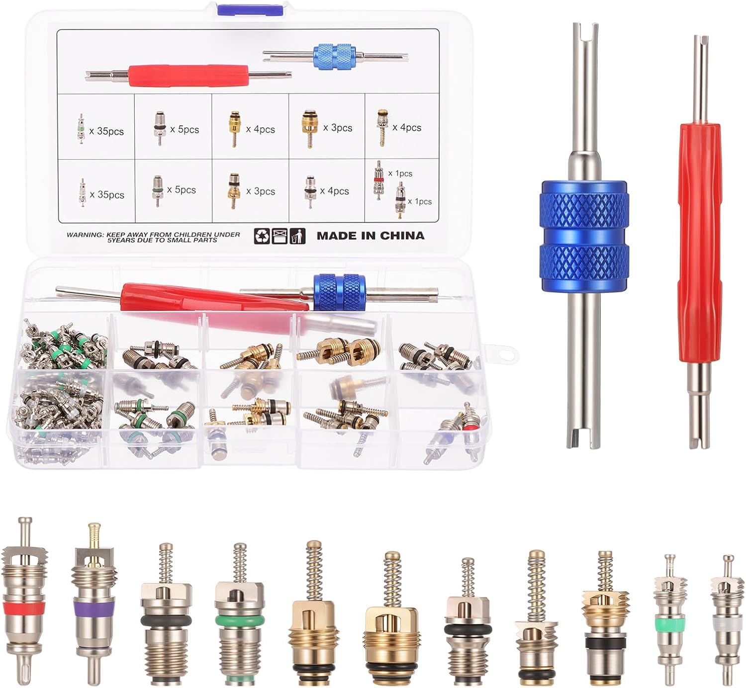 102pcs A/C Valvola Core, R12 / R134a Climatizzatore Valvola Core Kit di Accessori, Automotive Aria Condizionata Valvola con Strumento Rimozione per Sostituzione e Manutenzione Aria Condizionata Auto
