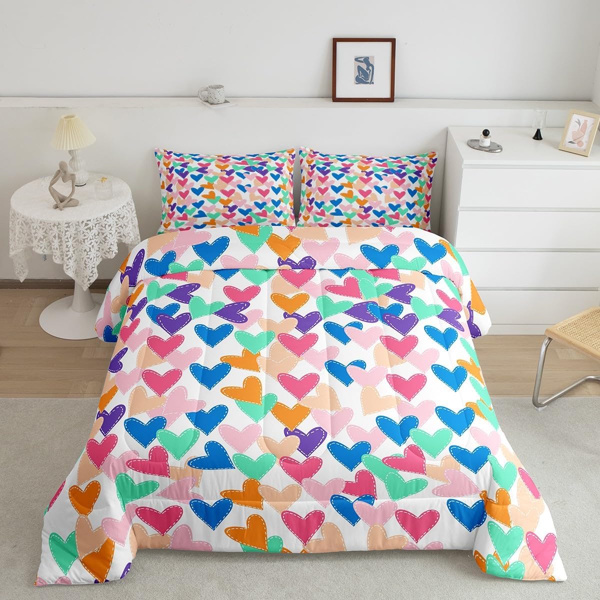 Manfei Love Heart Comforter Set Toddler Size 2 Pcs,Romantic Hearts Girly Hand Drawn Bedding Set,Colorful Valentine's Day Couples Lovers Quilt Set for Child Bedroom,1 Pillowcase