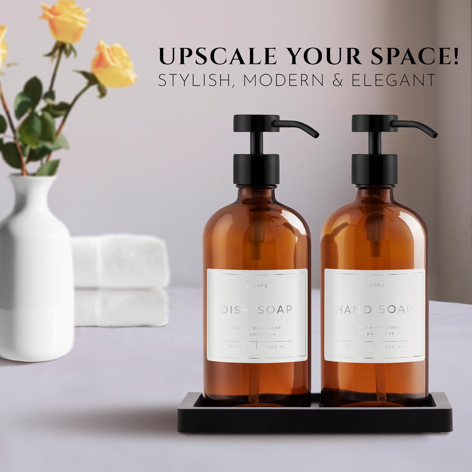 Glass Soap Dispenser Set of 2 (Amber) with Silicone Tray | Hand and Dish Soap Dispenser for Kitchen and Bathroom | 16.8 Oz Glass Bottles with Stainless Steel Pump & 15 Waterproof Labels (Amber/Black) - Image 2