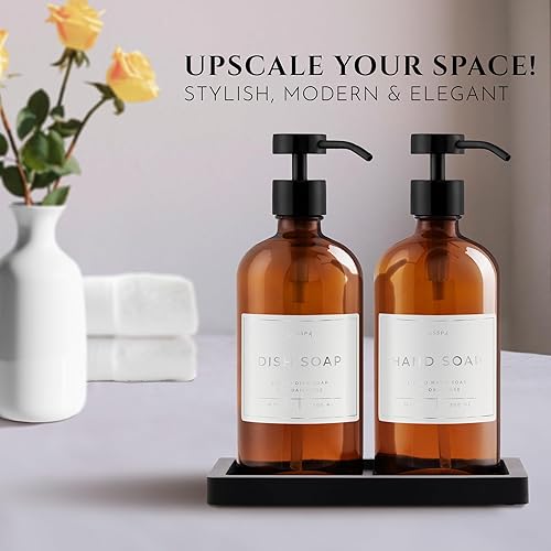 Miniatura 2 de Juego de 2 dispensadores de jabón de vidrio (ámbar) con bandeja de silicona, dispensador de jabón de manos y platos para cocina y baño, botellas de