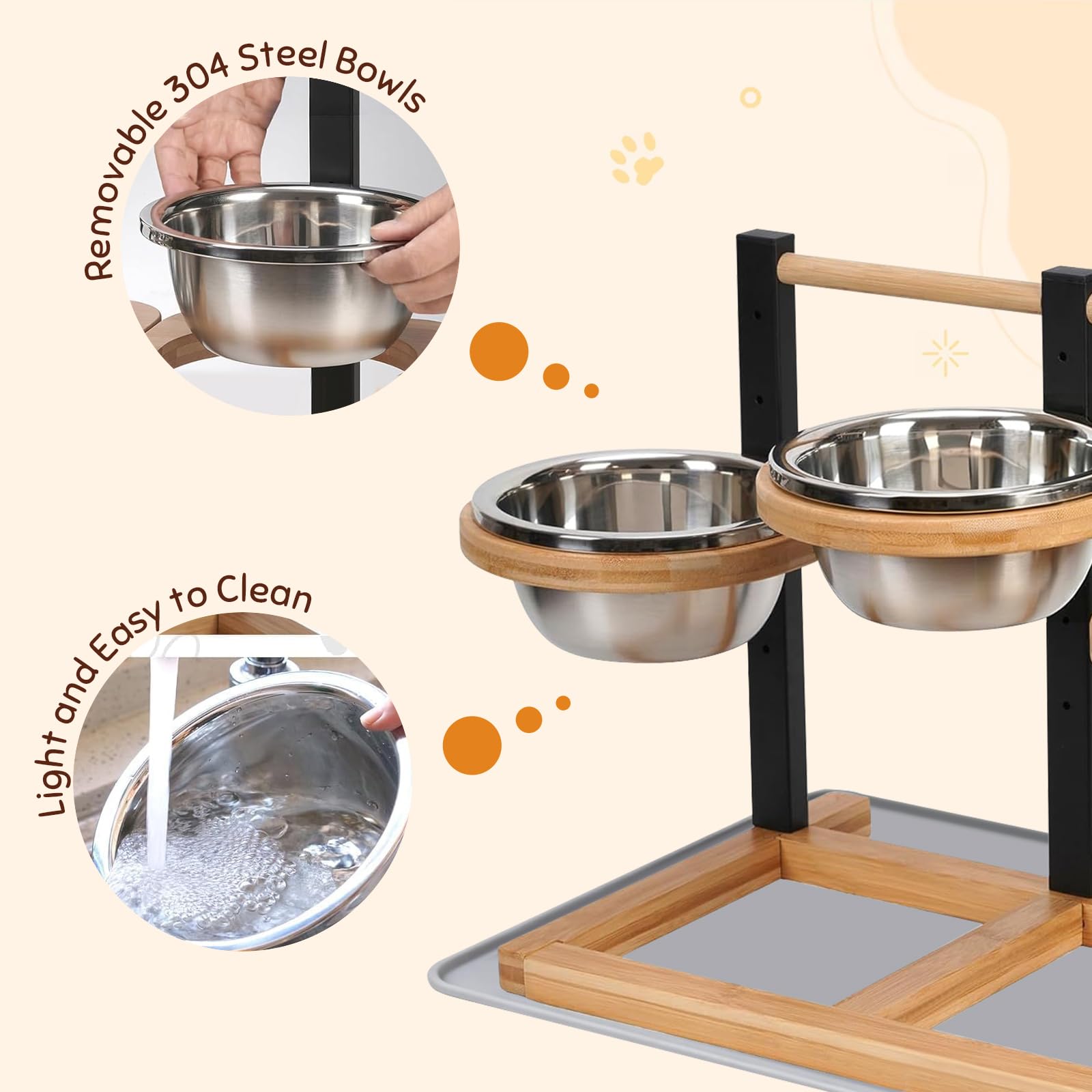 Ciotola per cani rialzata, 5 ciotole per cani regolabili in altezza con 3 ciotole in acciaio inox da 1400 ml, ciotola rialzata per cani, in legno, rialzata per cani, mangiatoia per cani
