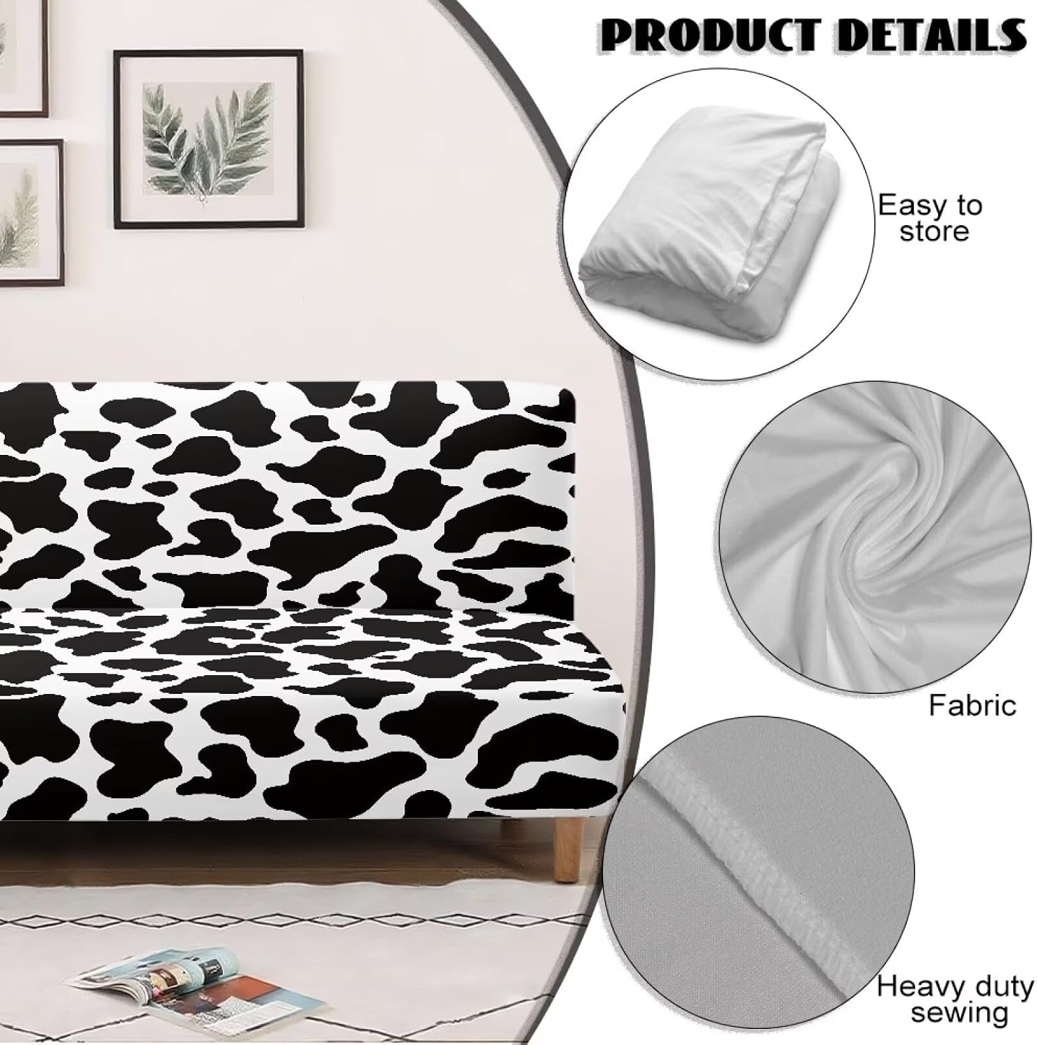Black White Cow Pattern Armless Futon Cover, Machine Washable Sofa Slipcover with Stretch Bottom Anti-Slip Non Armrest Couch Chair Covers
