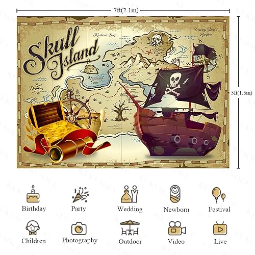 Miniatura 2 de KUKUSOUL 7x5ft Pirate Party Backdrop Pirate Treasure Map Backdrop Kids Boys Birthday Supplies Baby Shower Decorations Decor Banner Photo Studio