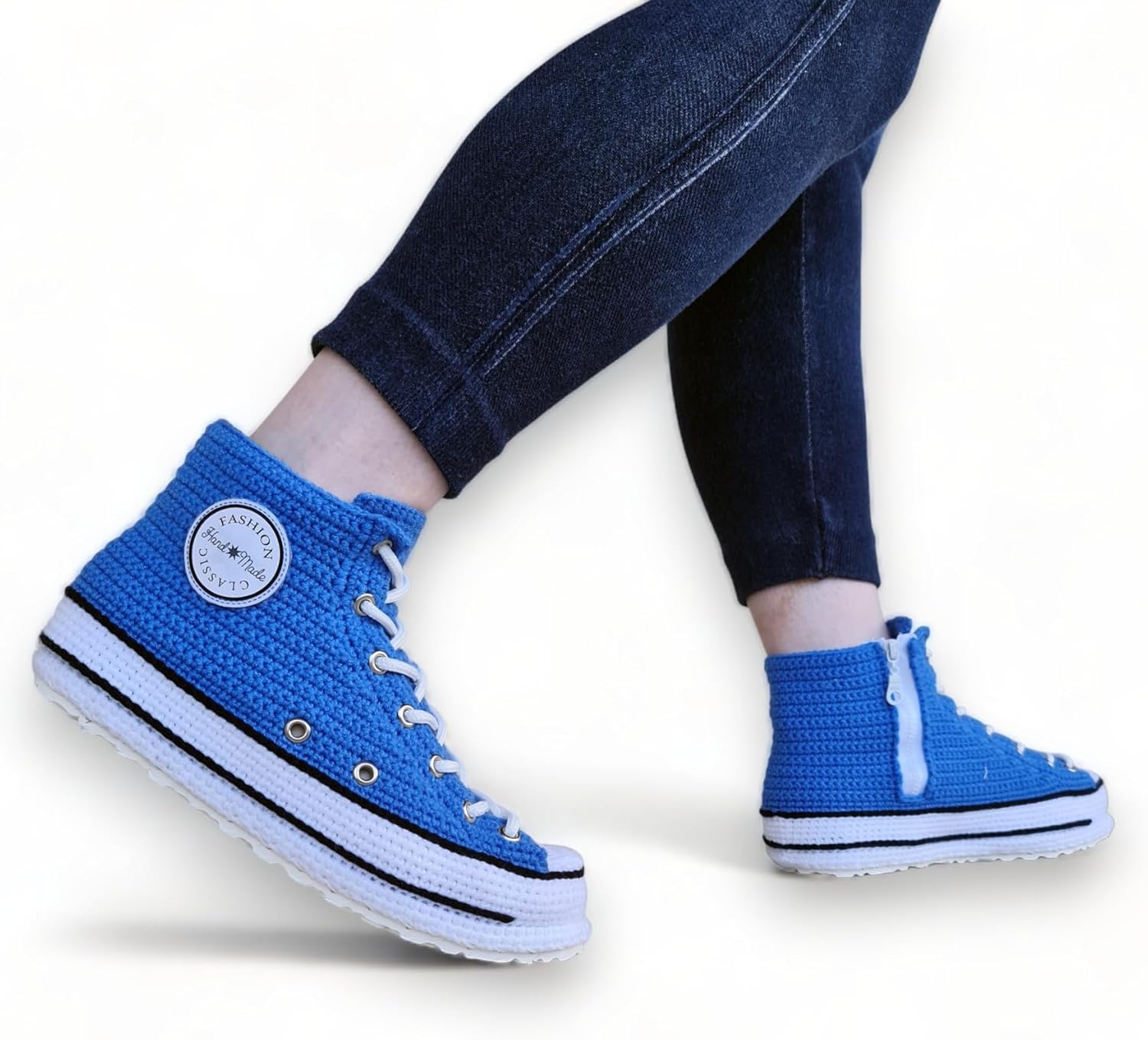 Handmade Knitted Sneaker-Style Canvas Slippers, Custom Unisex Indoor House Shoes, Soft Anti-Slip Sole & Side Zipper, Cozy Plush Crochet Design, Unique Comfortable Loungewear Gift