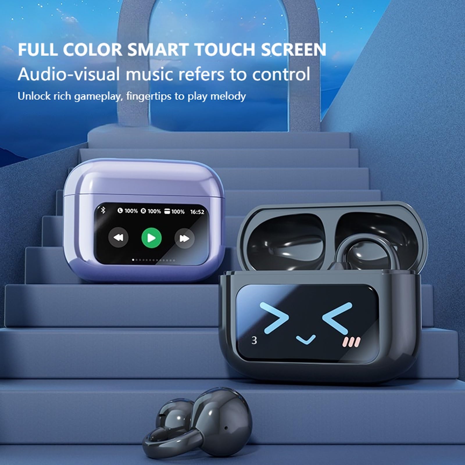 Auriculares Bluetooth inteligentes con pantalla táctil (2025), con clip, inalámbricos y abiertos for música y llamadas, con pantalla táctil LED audiovisual, deportivos, resistentes al agua(Purplex2)