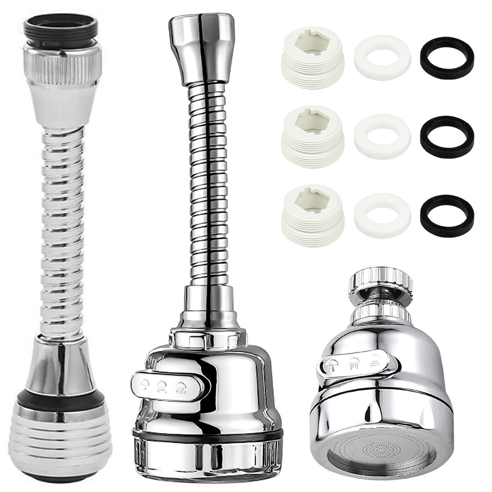 3 Pieces Kitchen Tap Spray Head, 360° Swivel Tap Aerator 3 Mode Adjustable Faucet Extender Faucet Sprayer Attachment for Bathroom Kitchen