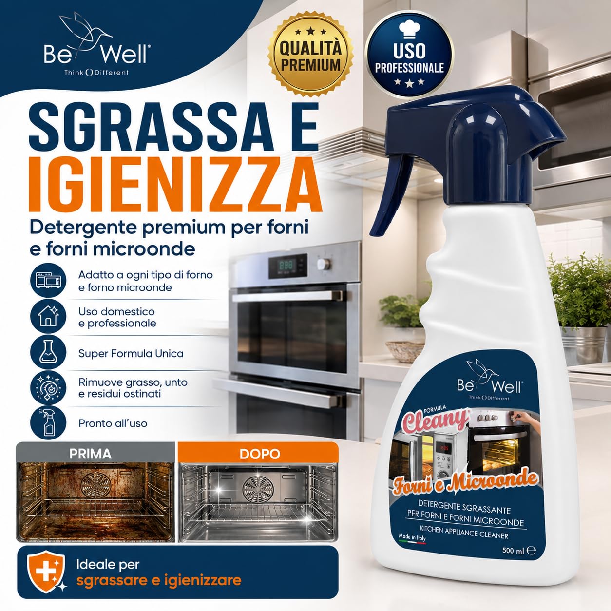 CLEANY Detergente Sgrassante Spray per Forni e Microonde, Formula Professionale, 500 ml, Made in Italy