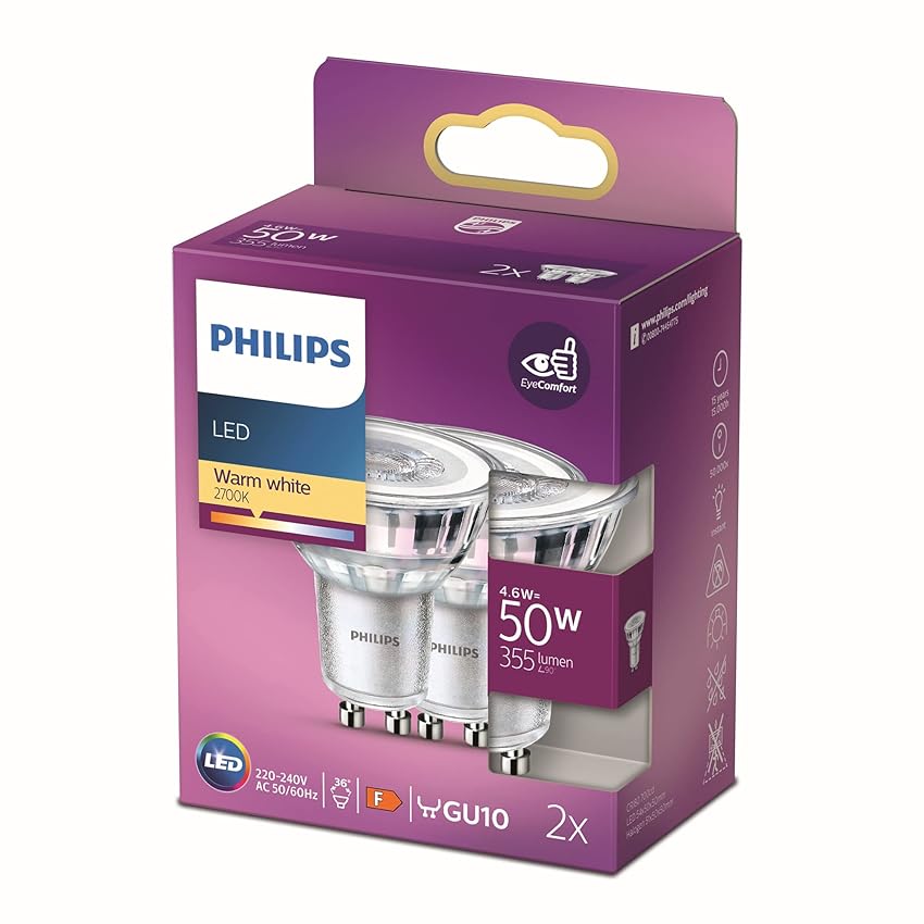 Philips LED Faretto, 2 pz, 50W, Attacco GU10, Luce Bianca Calda