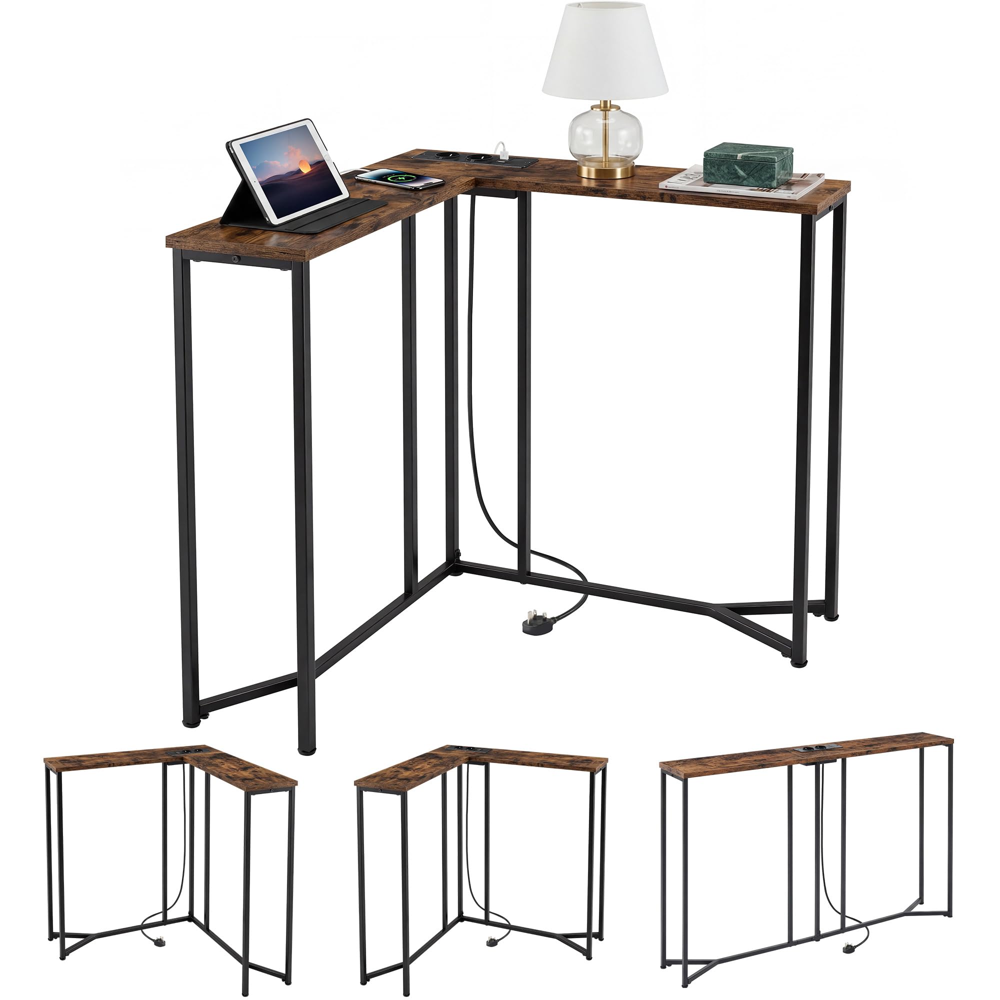 YITAHOME Konsolentisch mit Steckdosenleiste, L-förmiger Konsolentisch Shmal mit Ladestation, 2 Steckdosen und 2 USB-Anschlüsse, Sofatisch, für Eingangsbereich, Flur, 3 Kombinationsmodi, Schwarz