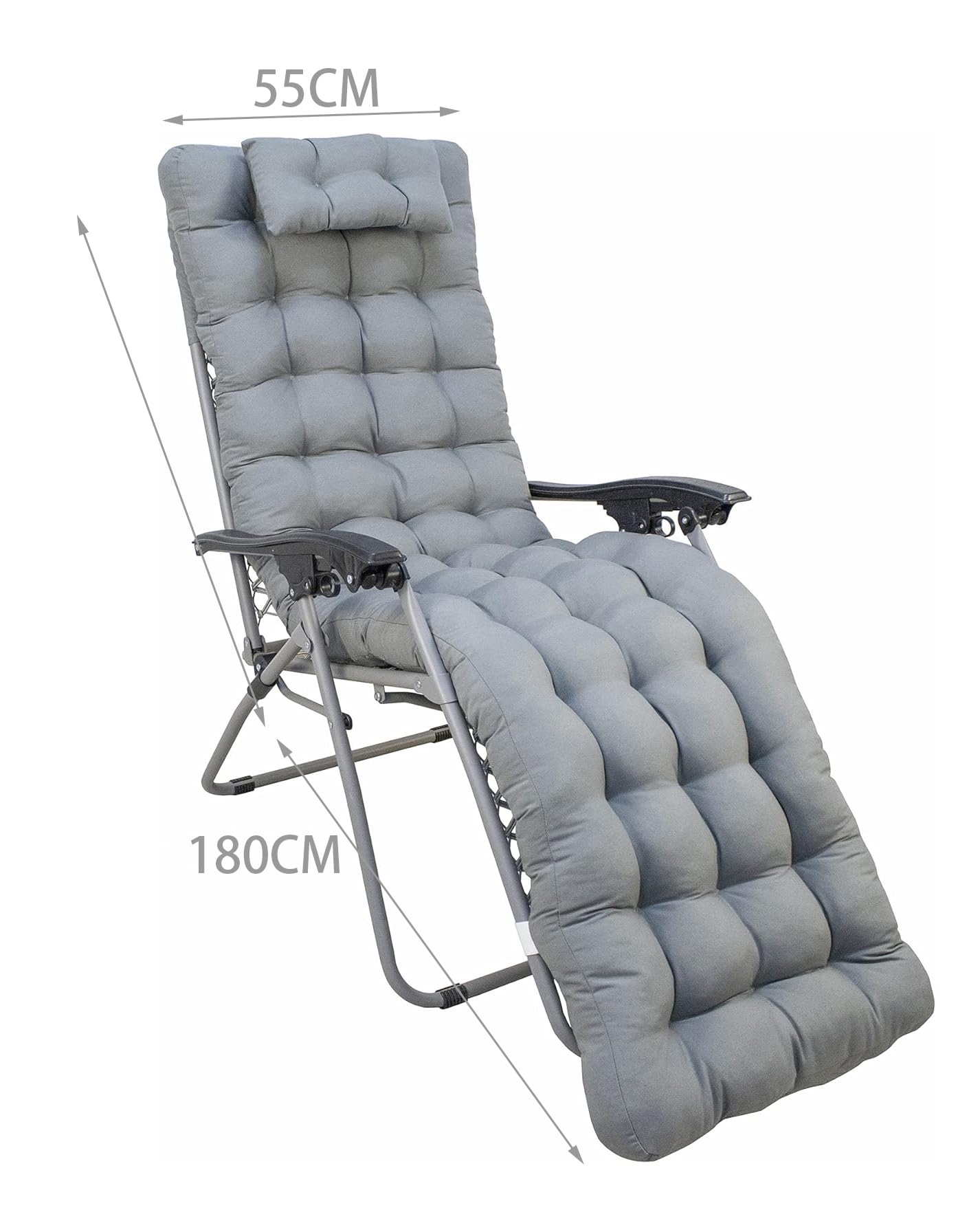 Cojín Tumbona Reclinable con Almohada Reposacabeza, Cojines para Silla de Jardin, Cojines de tumbonas (Gris, 180X55CM)