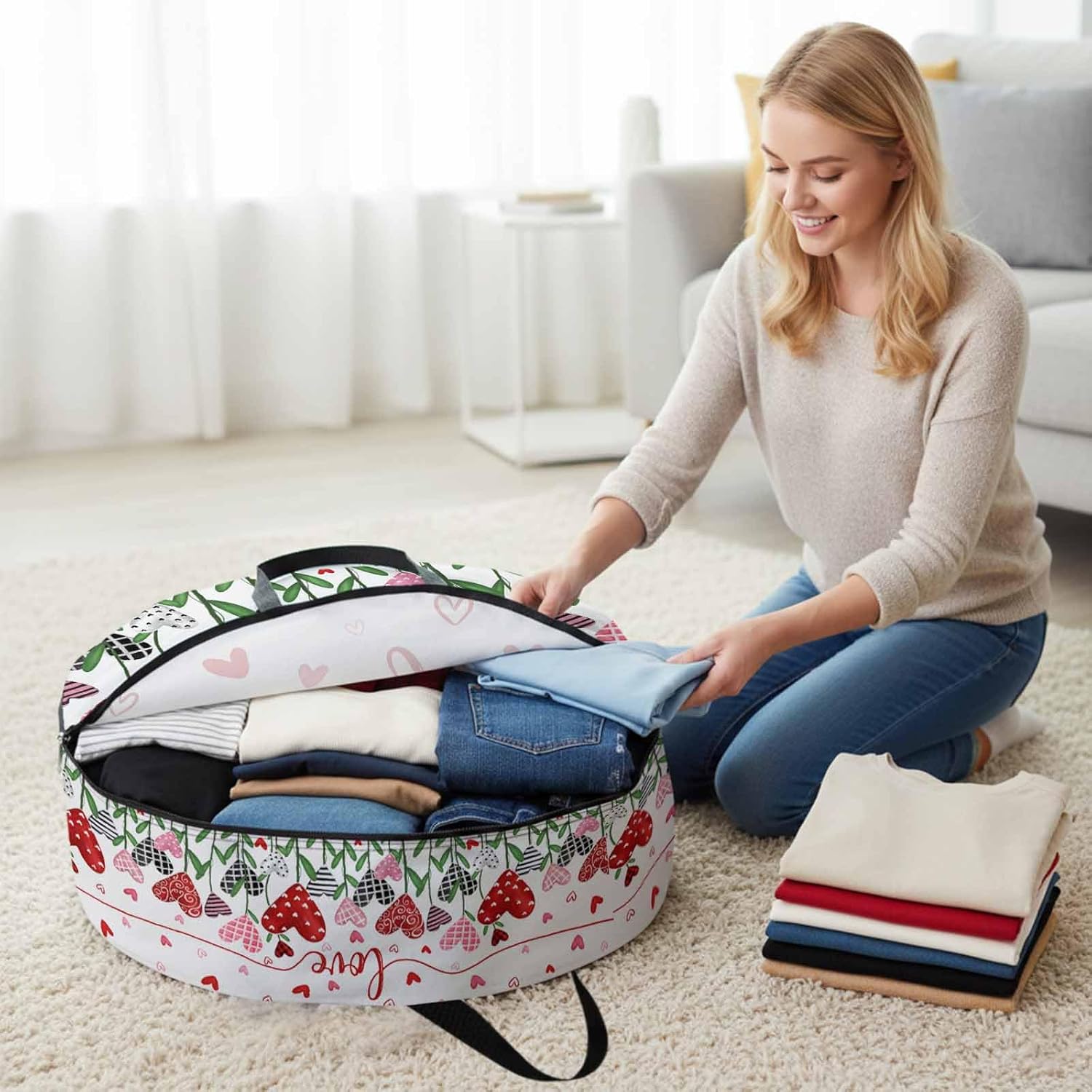 Valentine's Day Round Storage Bag 36 Inch, White Love Heart Plaid Flowers Clothes Storage Container with Handles Heavy Duty Organizer for Comforter, Bedding & Holiday Wreaths