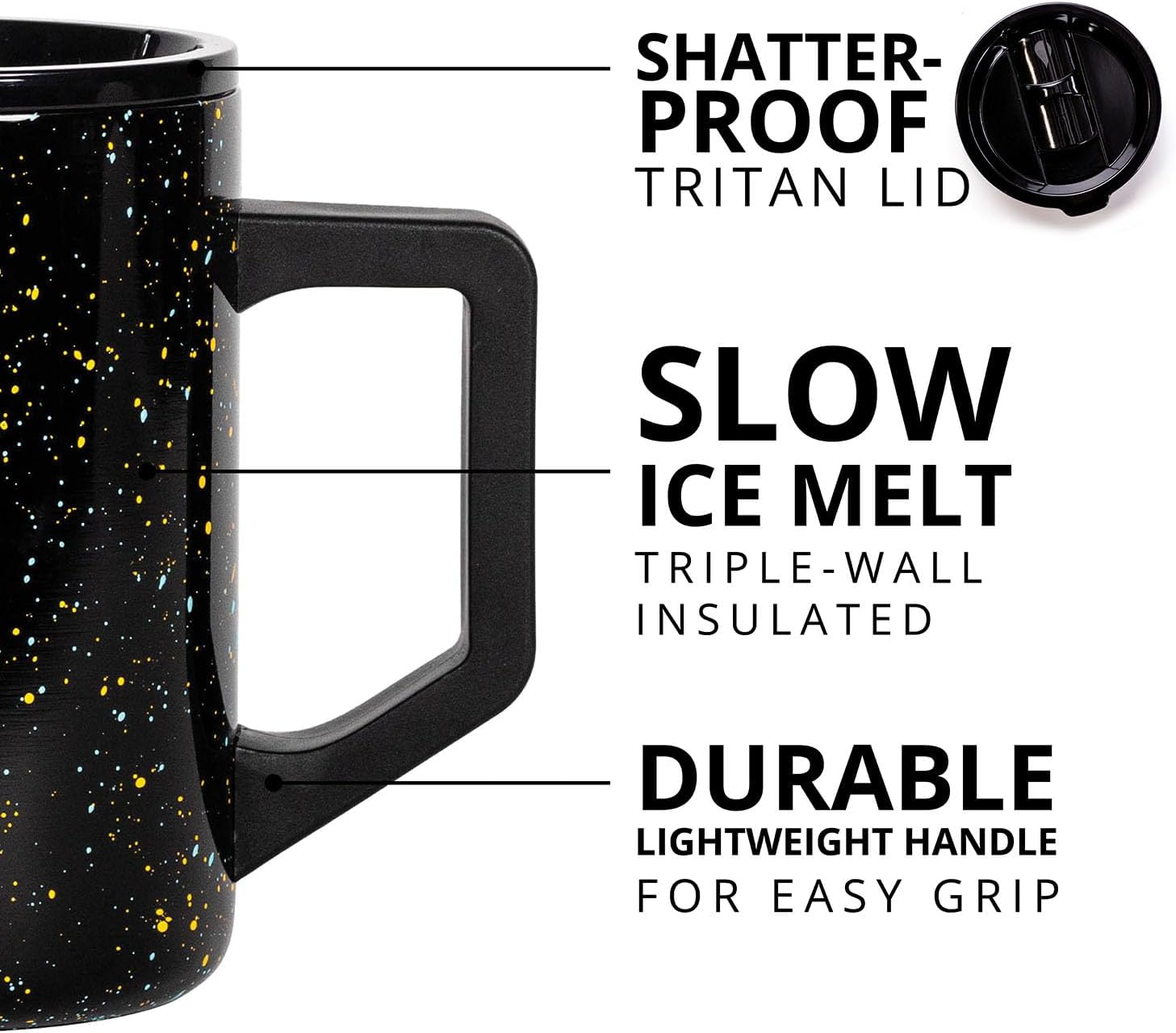 Elemental Insulated Coffee Mug - Triple-Wall Stainless Steel Summit Travel Cup for Hot and Cold Drinks - Thermal Coffee Mug with Lid and Handle for Camping, Office & Travel 16oz - Black Speckle
