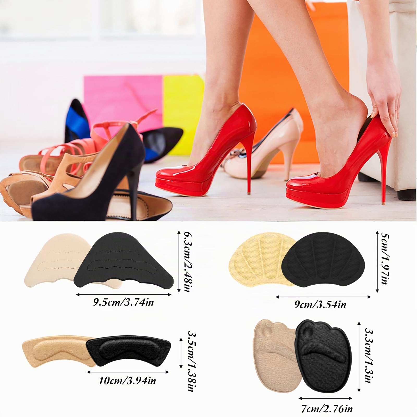 Sibba 8 pares de taloneras antideslizamiento, juego de almohadillas para talones para zapatos demasiado grandes, protector de talón para zapatos de mujer, relleno de zapatos, protector de dedos, tapón