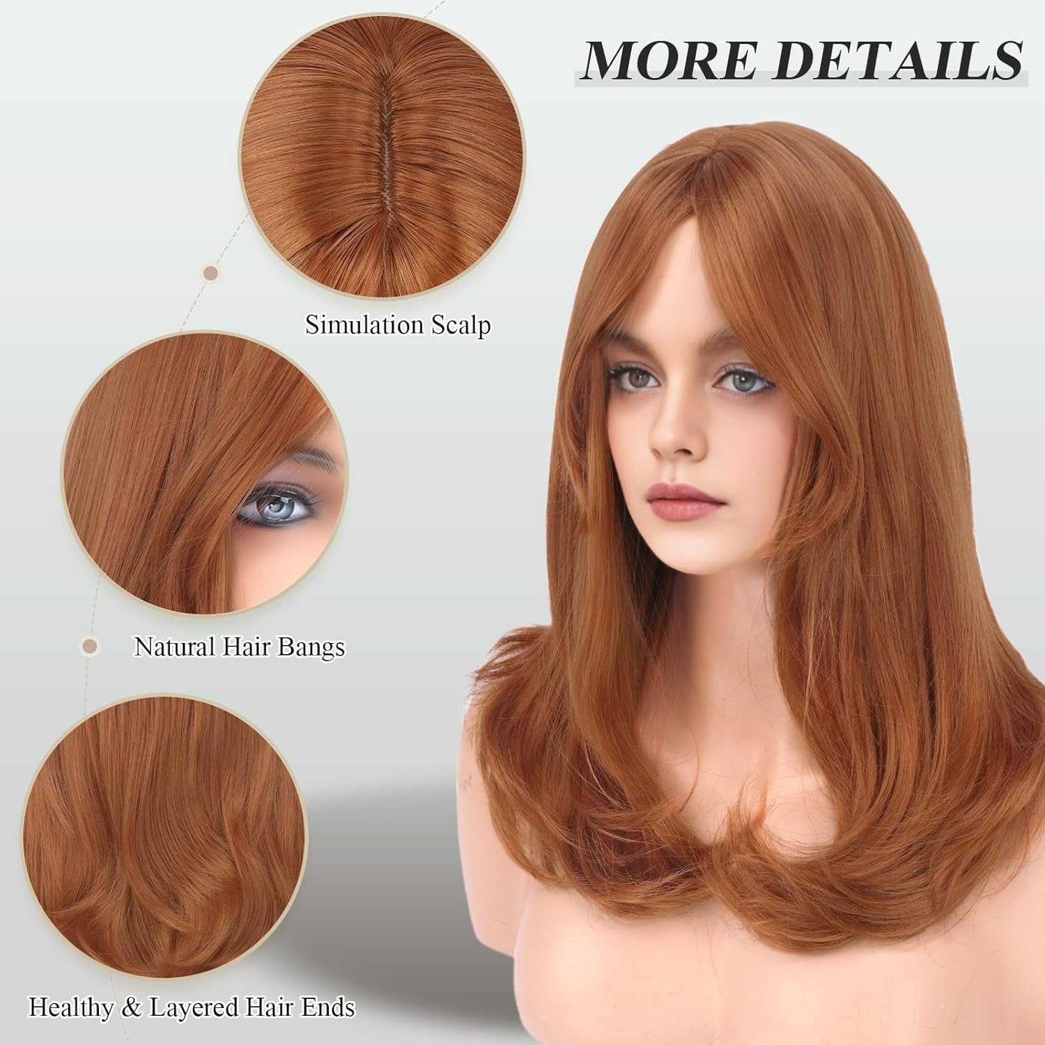 FESHFEN Wigs with Bangs for Women, Synthetic Natural Looking Long Layered Straight Hair Wig for Women Daily Party Costume, 18 inch Copper Red