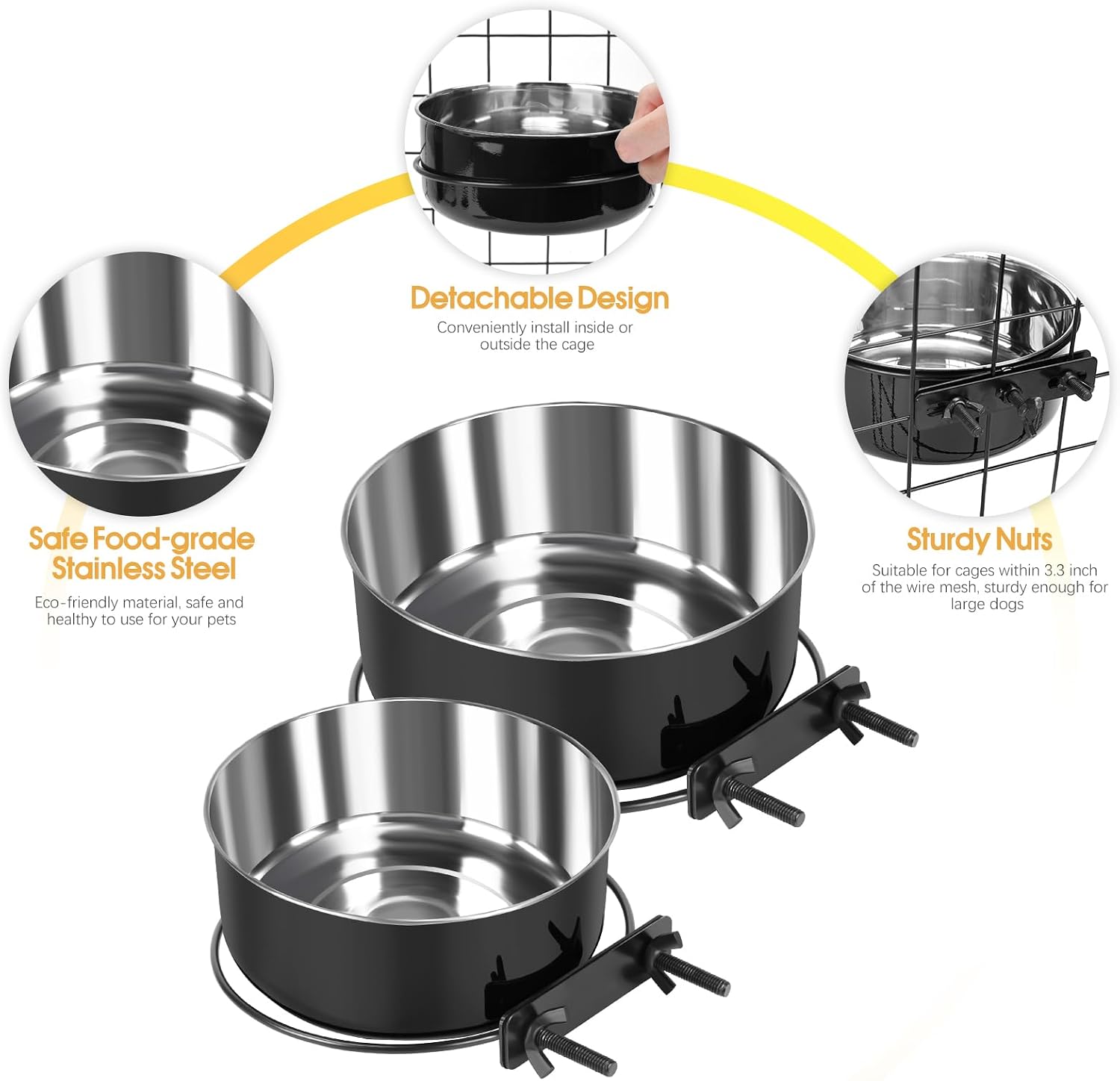 2 Pcs Black Large Pet Dog Food Water Bowl for Cage Stainless Steel Non-Spill Kennel Hanging Cats Bowls with Clamp Holder Crate Feeder Dish for Medium Large Dogs Huge Pets (7.1x2.5'' & 6.3x2.4'')