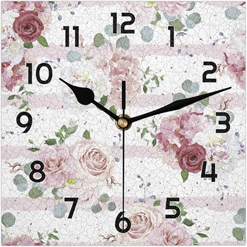 POFATO Reloj de pared con diseño de plantas de rosas de tinta rosa, silencioso, cuadrado, funciona con pilas, decoración moderna del hogar para sala