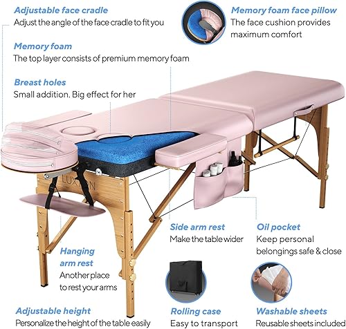 Miniatura 4 de Luxton Home Mesa de masaje de espuma viscoelástica prémium para mujer con agujeros para el pecho personalizados y sábanas personalizadas, estuche de