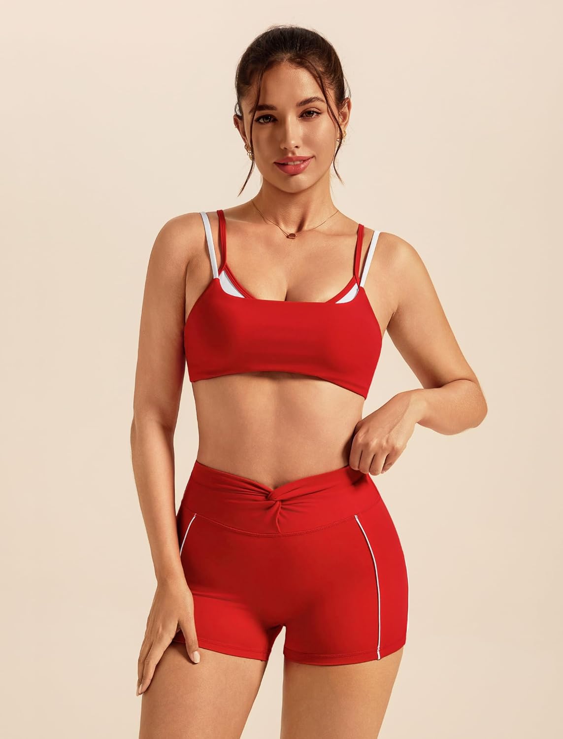 ABOCIW Workout Sets for Women 2 Piece Twist Back Layered Sports Bra Mini Shorts Yoga Pilates Outfits Active Wear