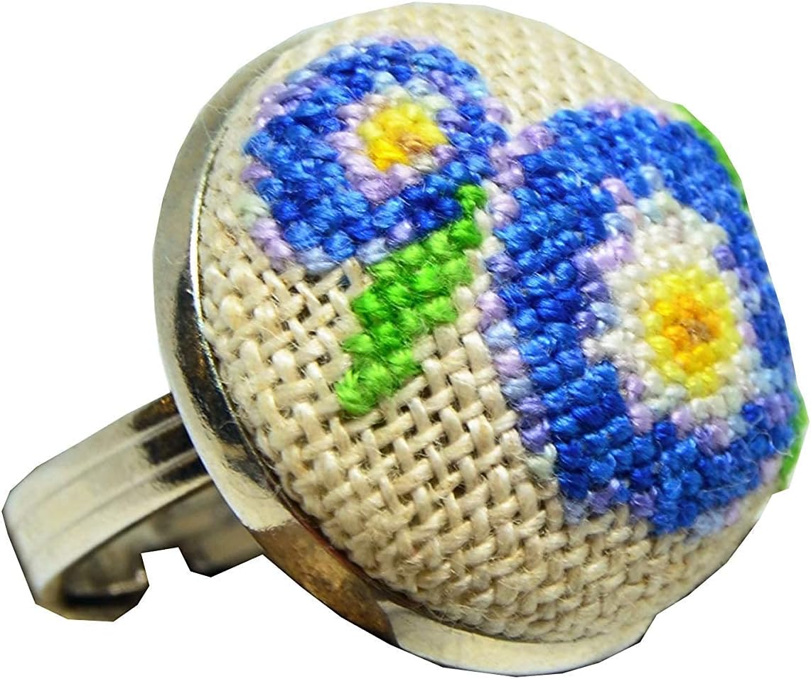 Handmade Embroidered Ring with Blue Flowers - Adjustable