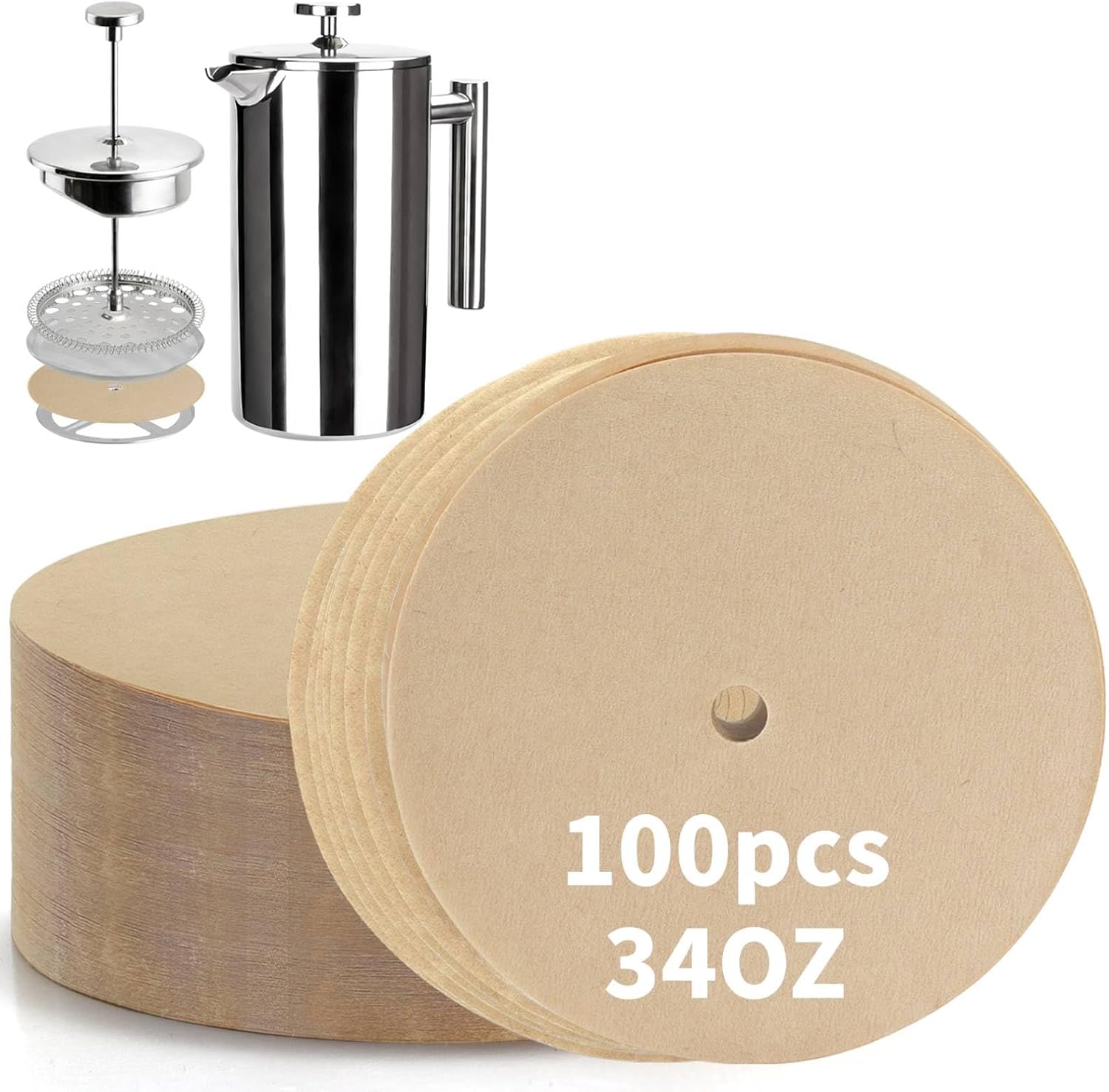 100 Pcs Paper Filters for Ziruma French Press 34 Oz, Pre-punched Holes