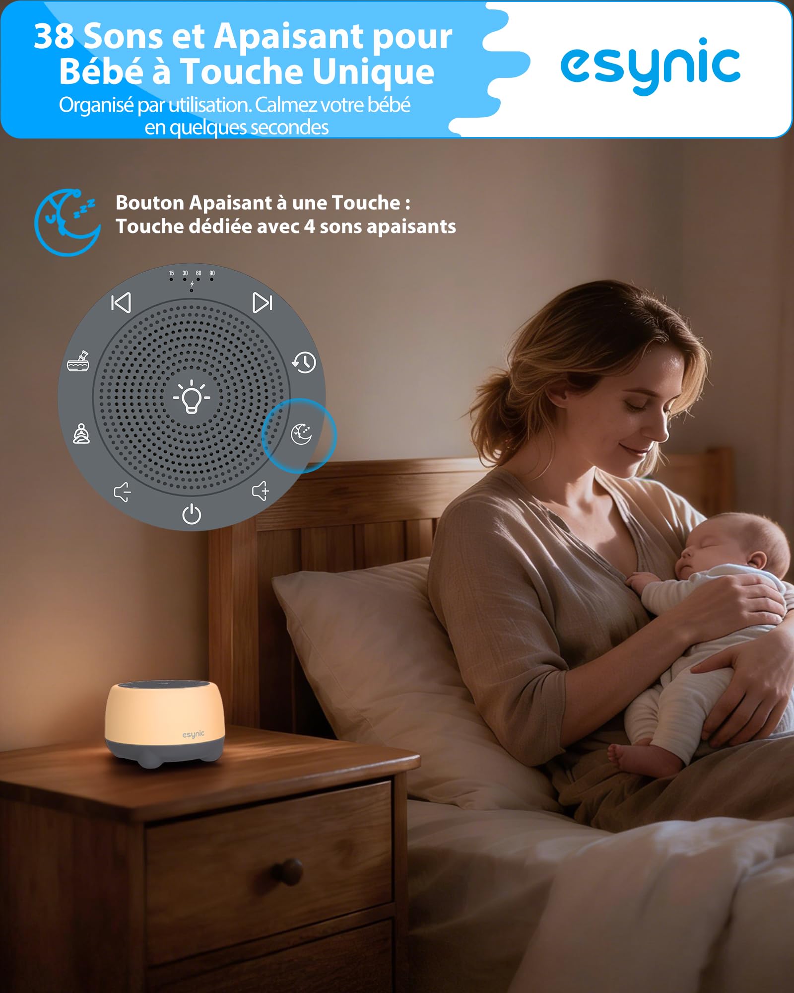 eSynic Machine à Bruit Blanc Bébés Adultes 38 Sons Apaisants Bol de Chantant Tibétain Rechargeable 8 Sons de Bol Volume Couleur Réglable Fonctions Mémoire Minuterie pour Sommeil Yoga Gestion du Stress