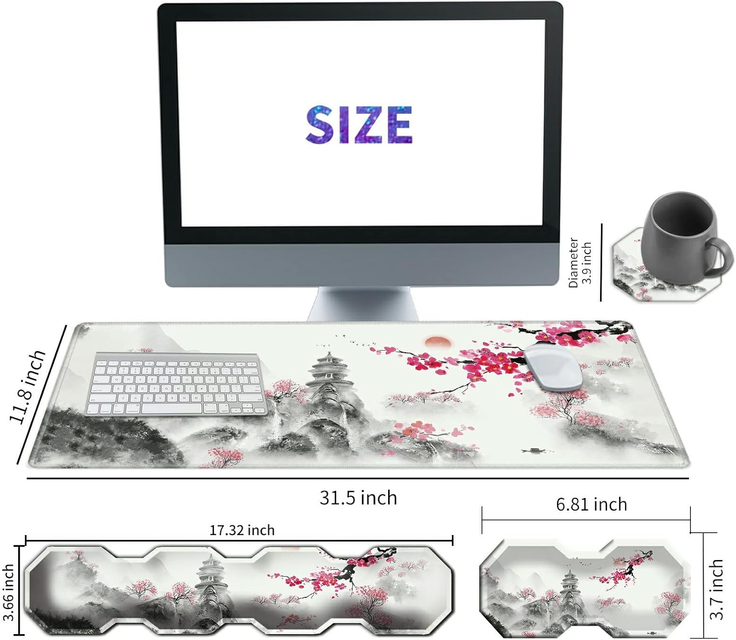 Keyboard Mouse Pad Set,Large Mouse Pad + Keyboard Wrist Rest + Mouse Wrist Rest + Coaster,4Pcs(31.5×11.8 in) XL Desk Mat，Ergonomic Memory Foam,Easy Typing Pain Relief,Japanese Cherry Blossom