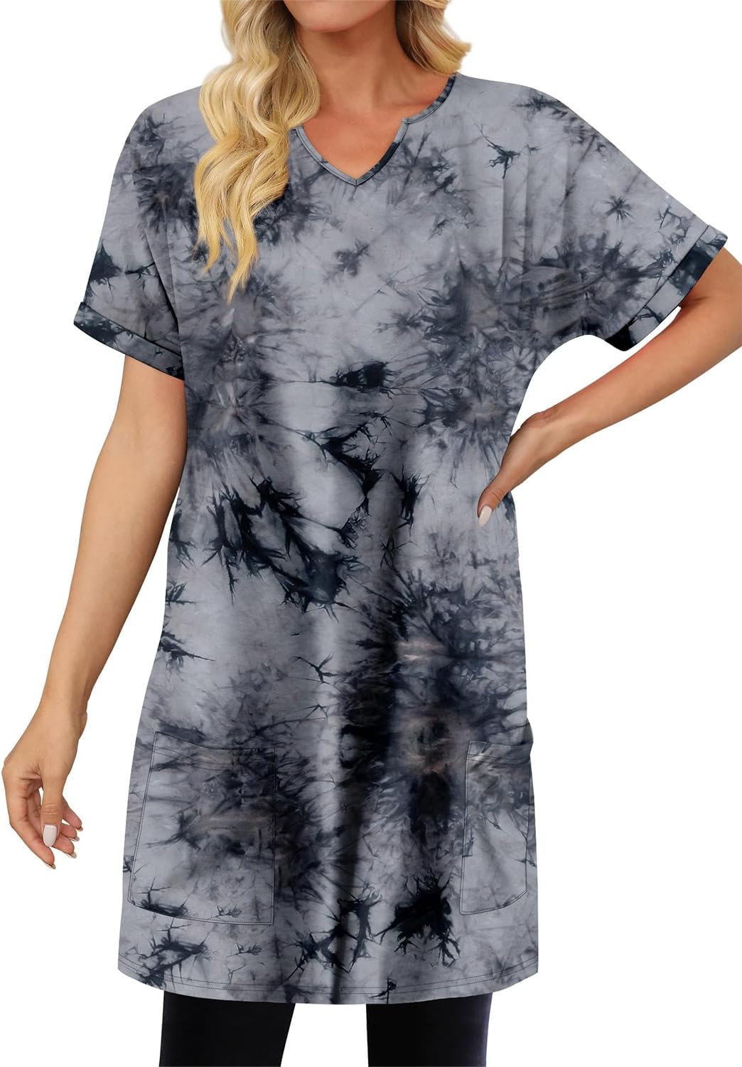 KISSMODA Woman Lightweight Dress with Hood Short Sleeve Summer Loose Pullovers with Pockets Long Tunics Top for Leggings - Image 3