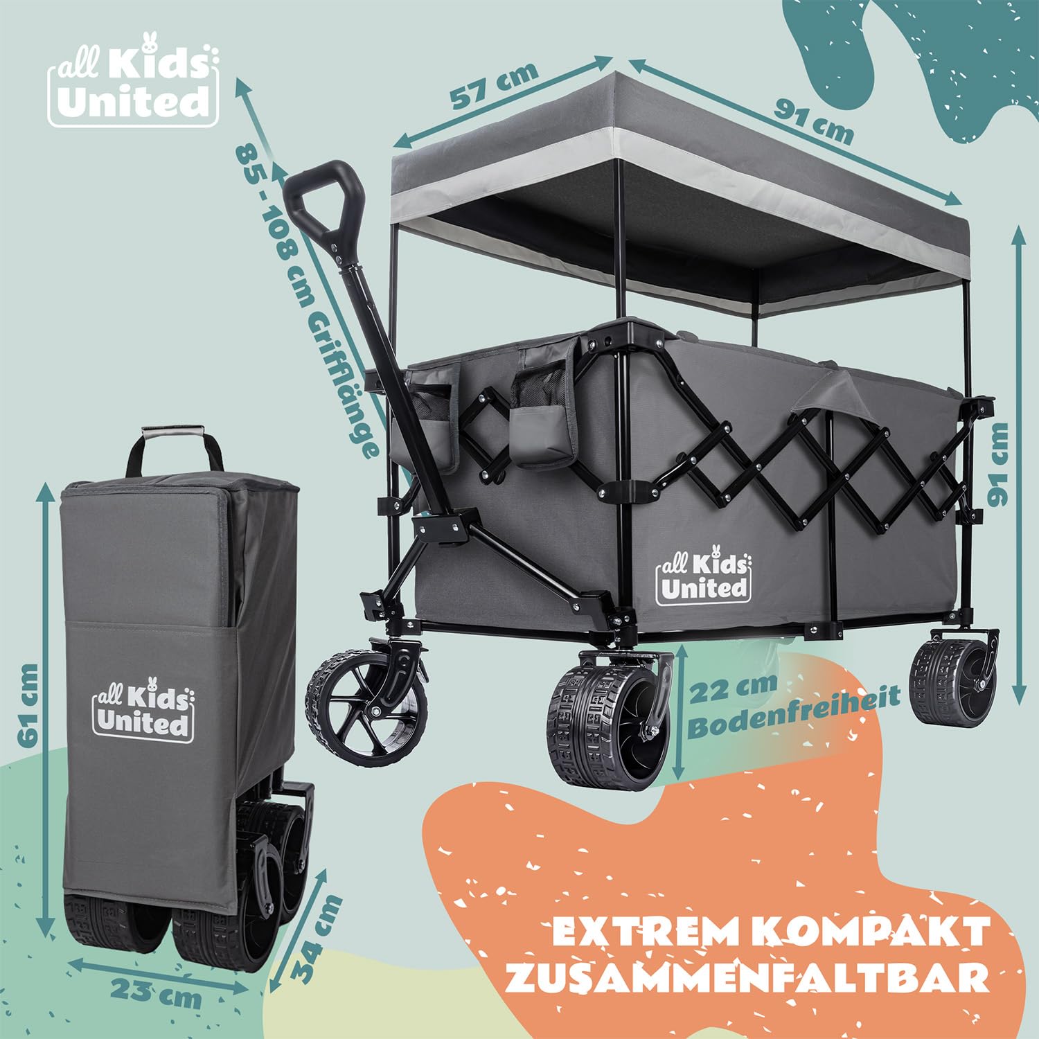 Faltbarer Bollerwagen Handwagen Transportkarre; Strand-Buggy bis 90L&150kg; XXL Geländeräder mit Bremse; Leiterwagen; Camping-Wagen für Strand, Garten & Outdoor; Verstellbarer Griff & Tasche (Grau)