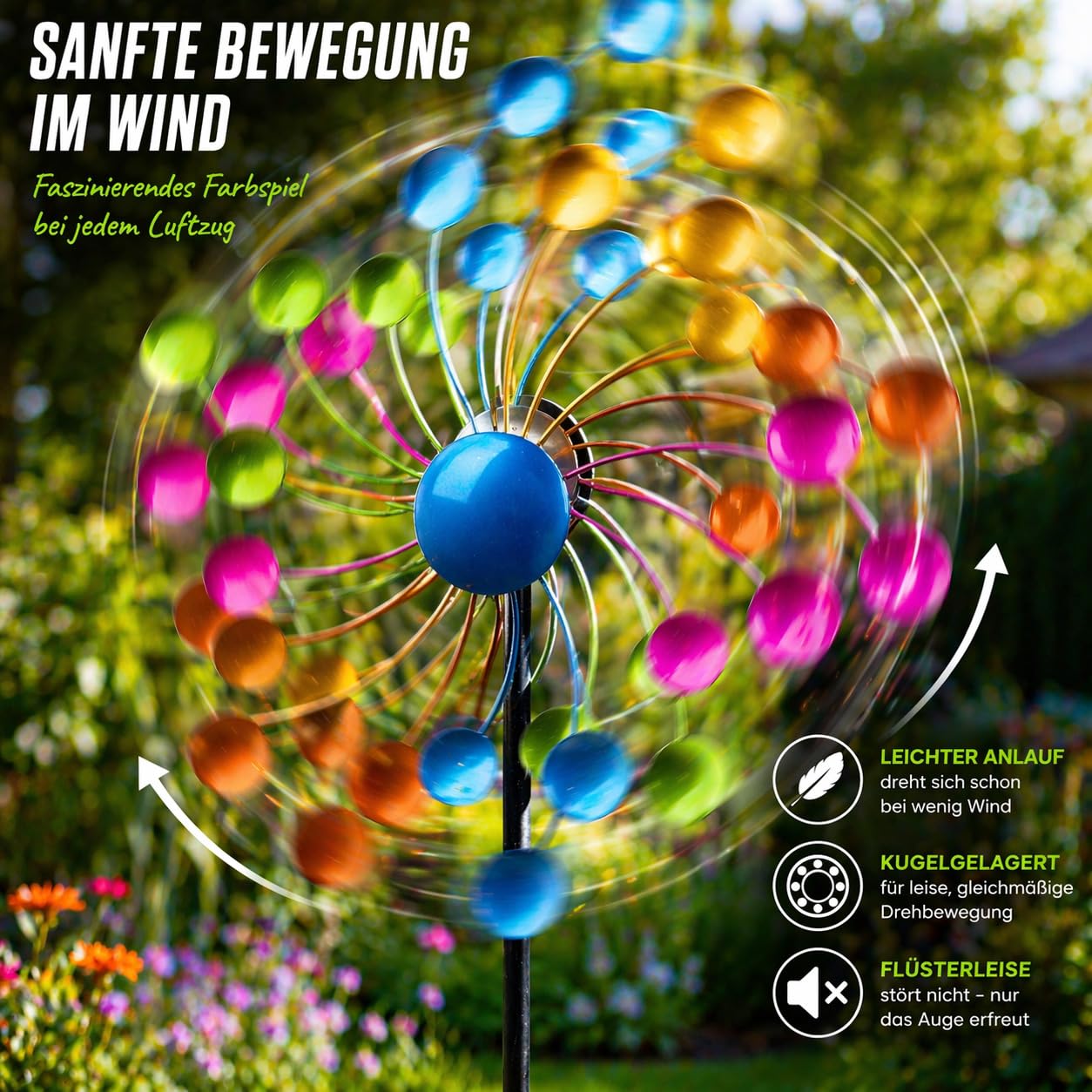 Kremers Schatzkiste Molinillo de viento para jardín, metal, con rodamiento de bolas, diámetro de 35 cm/122 cm, con estaca para suelo, decoración de jardín resistente a la intemperie para arriates
