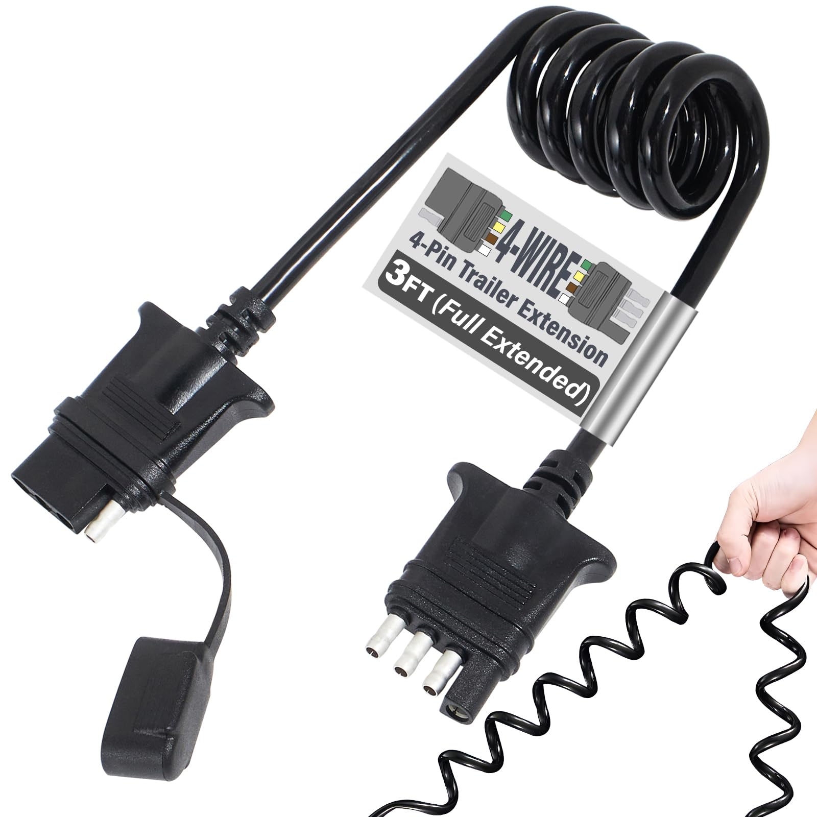MECMO Extensión de cable plano de 4 vías para remolque, cable en espiral elástico de 3 pies y 36 pulgadas, adaptador en espiral macho y hembra de 4 pines, calibre 18, cable recubierto resistente,