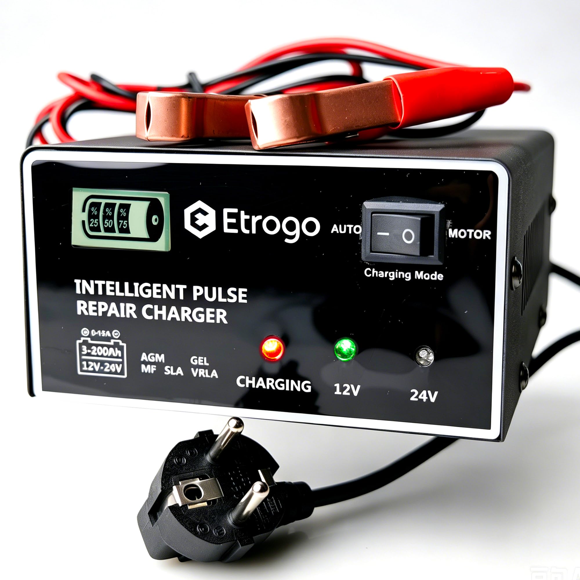 Etrogo Autobatterieladegerät Intelligentes 12V 24V 15A Schnellladegerät 5-Stufen-Pulsladegerät mit LED-Balkenanzeige für Auto,Motorrad,für Blei-Säure-Batterien (AGM, Gel, MF, EFB, SLA)