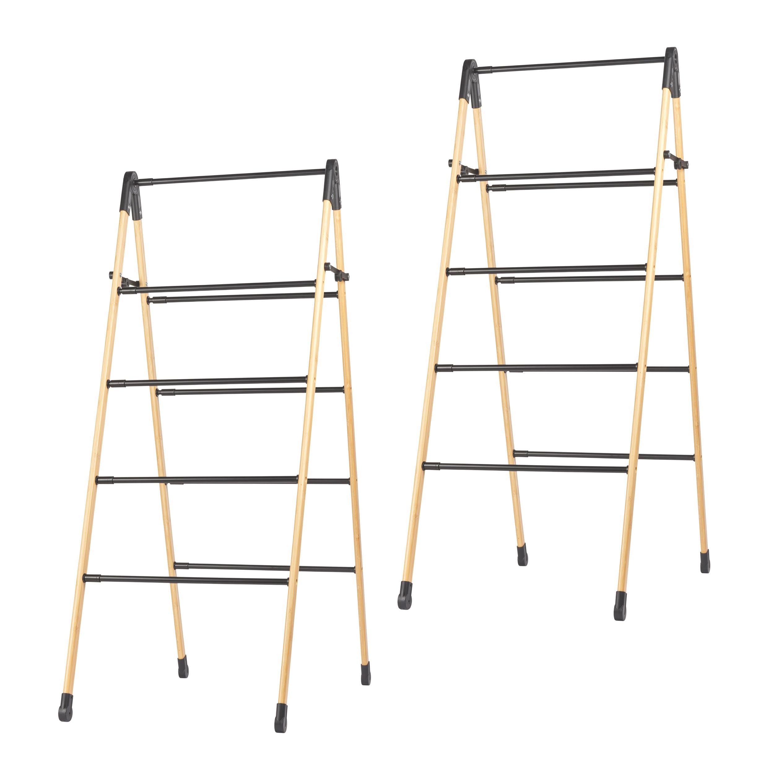 4-Tier Extendable Bamboo Airer Set – 2 Foldable Clothes Drying Racks with Bamboo Frame & Steel Bars, 10 kg Capacity, Lightweight & Compact, Expands from 3.4 m to 6.1 m, Ideal for Family Use