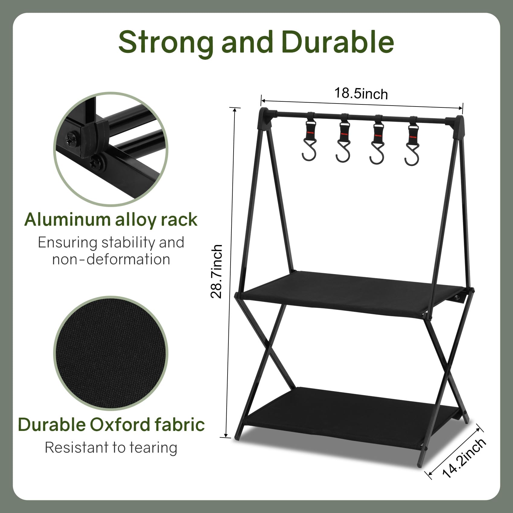 Scaffale pieghevole da campeggio, con ganci, in alluminio, portatile, per utensili da campeggio, cucina, picnic, barbecue, interni ed esterni (3 strati) (2 strati)