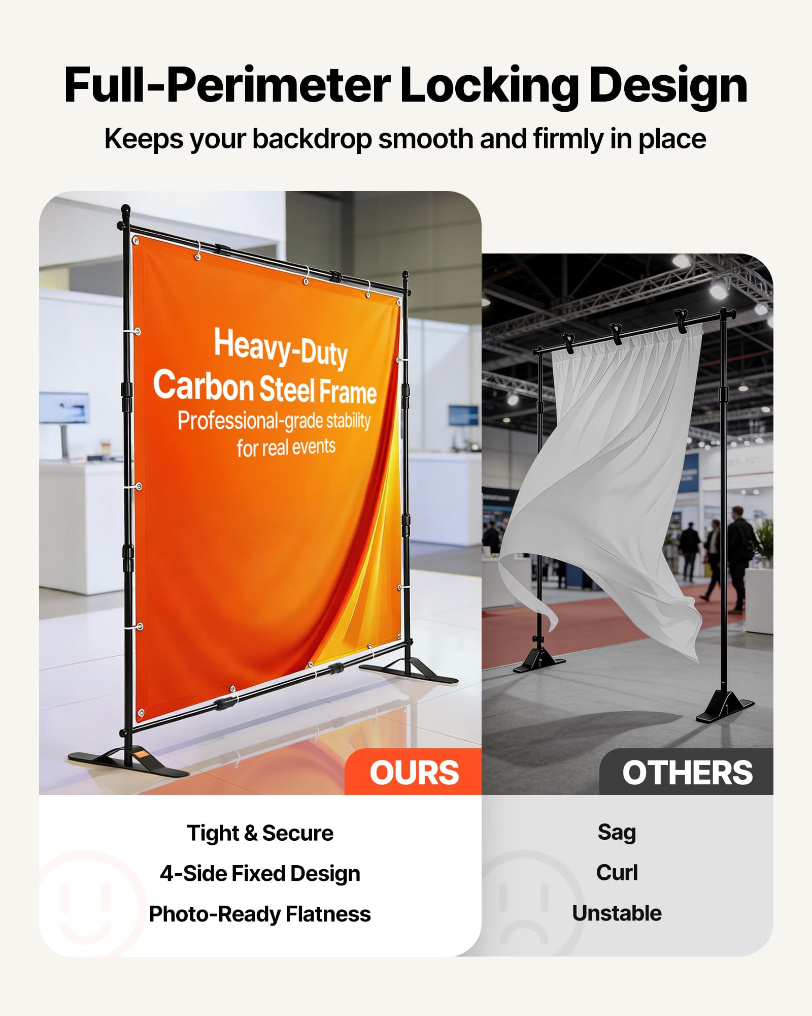 VEVOR Porte-Bannière 3 x 2,4 m Support Haute Qualité d'Affiche Panneau d'Affichage de Toile de Bannière Télescopique Réglable Portable pour Afficher Arrière Plan de Salon Foire d'Exposition Pubilicité